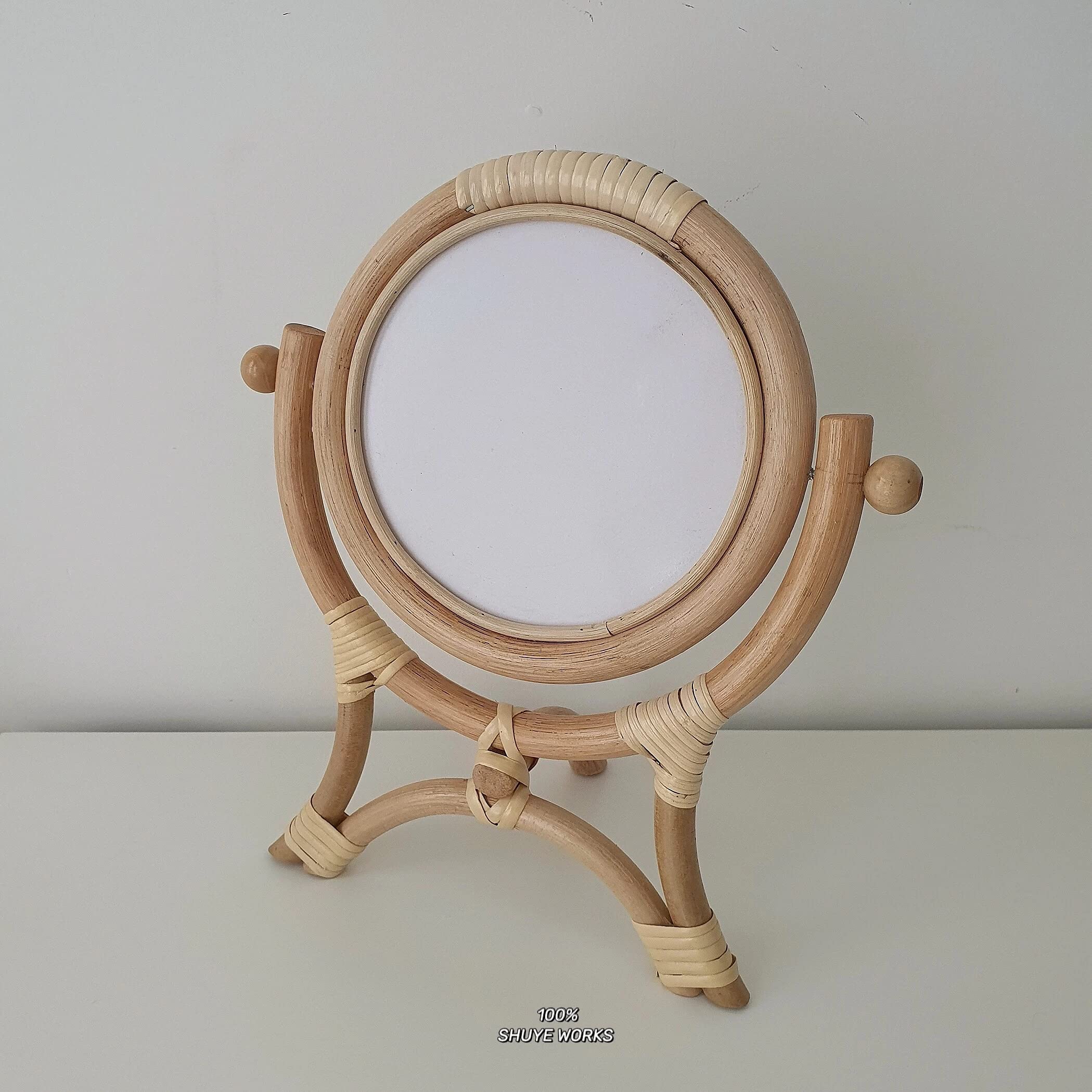 Hand-Woven Rattan Vanity Mirror - Natural Makeup Mirror with Flip Design for Dressing Table | Retro Vertical Standing Mirror for Bedroom, Bathroom & Home Decor