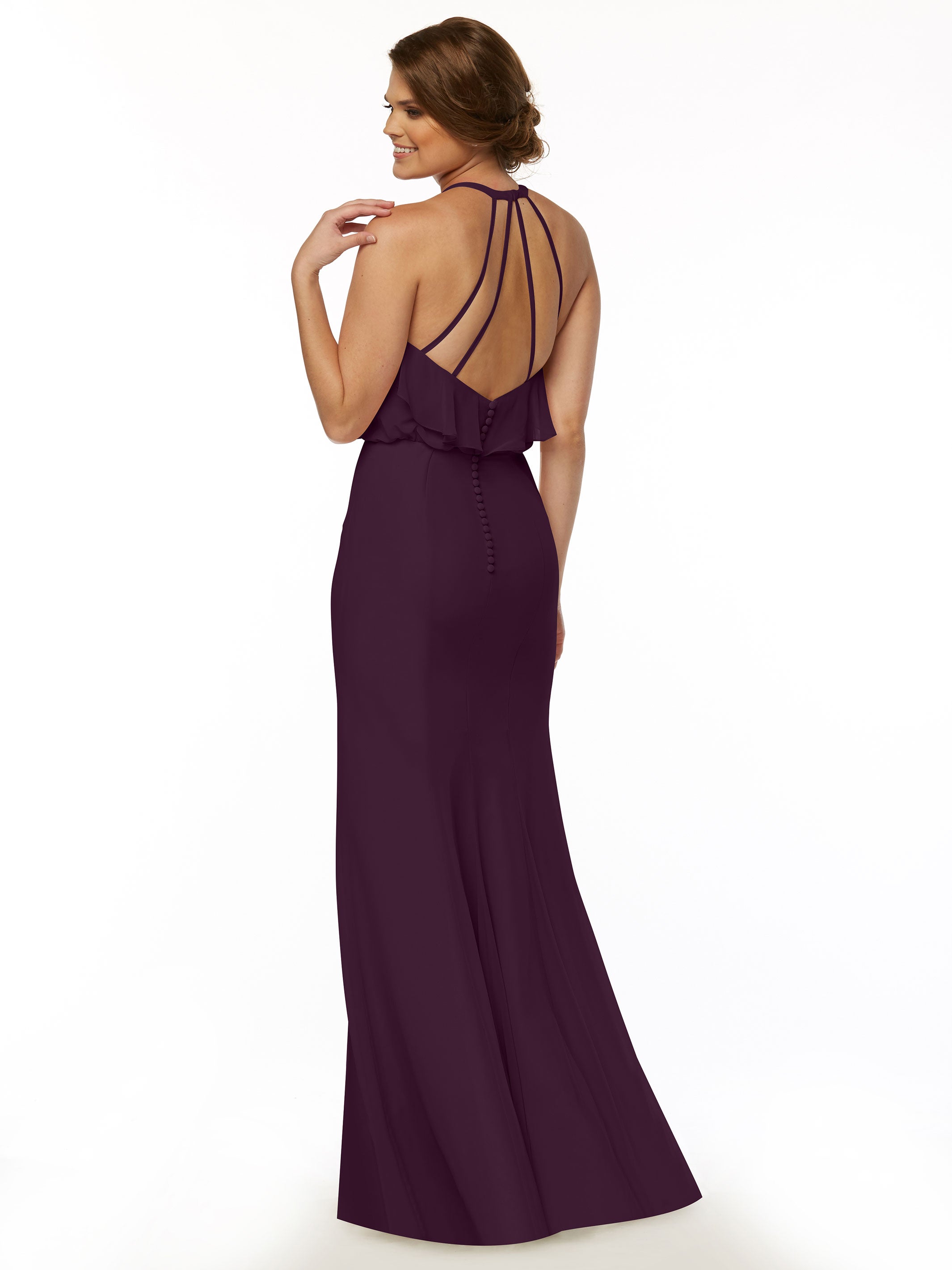 Elegant 80147 Fit and Flare Chiffon Bridesmaid Dress with Ruffled Neckline & Thigh Slit - Perfect for Weddings, Proms, and Formal Events