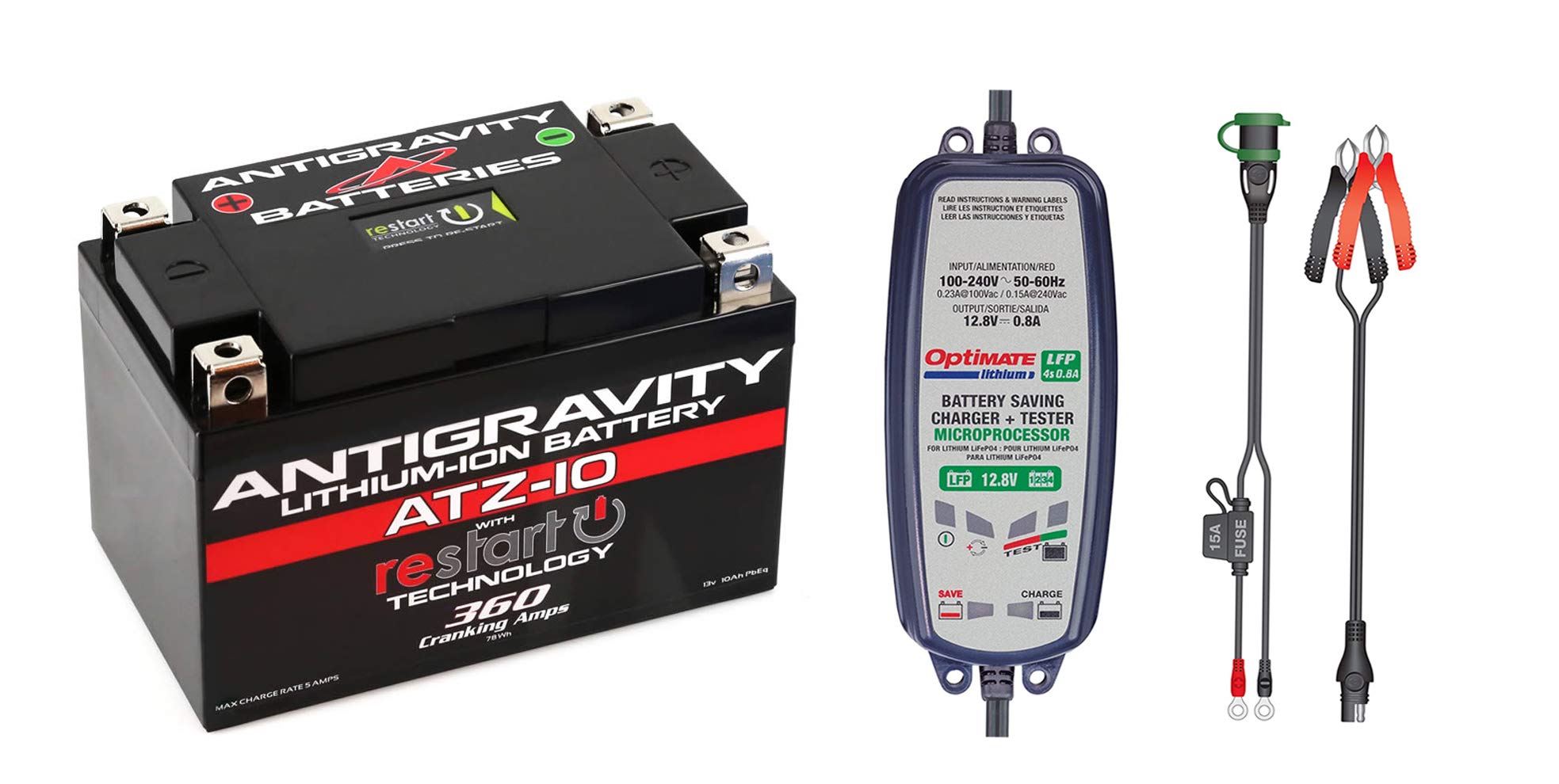 Autoteq Antigravity ATZ-10 RE-START Lithium Battery with OptiMATE 4s 0.8A Smart Charger - 12.8-13.2V 8-Step Battery Maintainer & Tester for Motorcycles, ATVs, and Powersports Vehicles - Perfect for Off-Road Adventures and Long-Term Storage