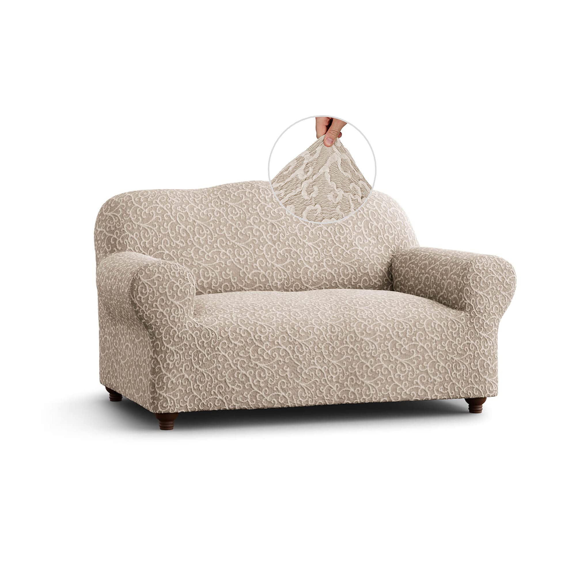 Stretch Sofa & Loveseat Slipcover - Soft Polyester Jacquard 3D Fabric Couch Cover - 1-Piece Form Fit Washable Protector - Beige Arabesco Design - Perfect for Living Room, Apartment, and Home Decor Protection