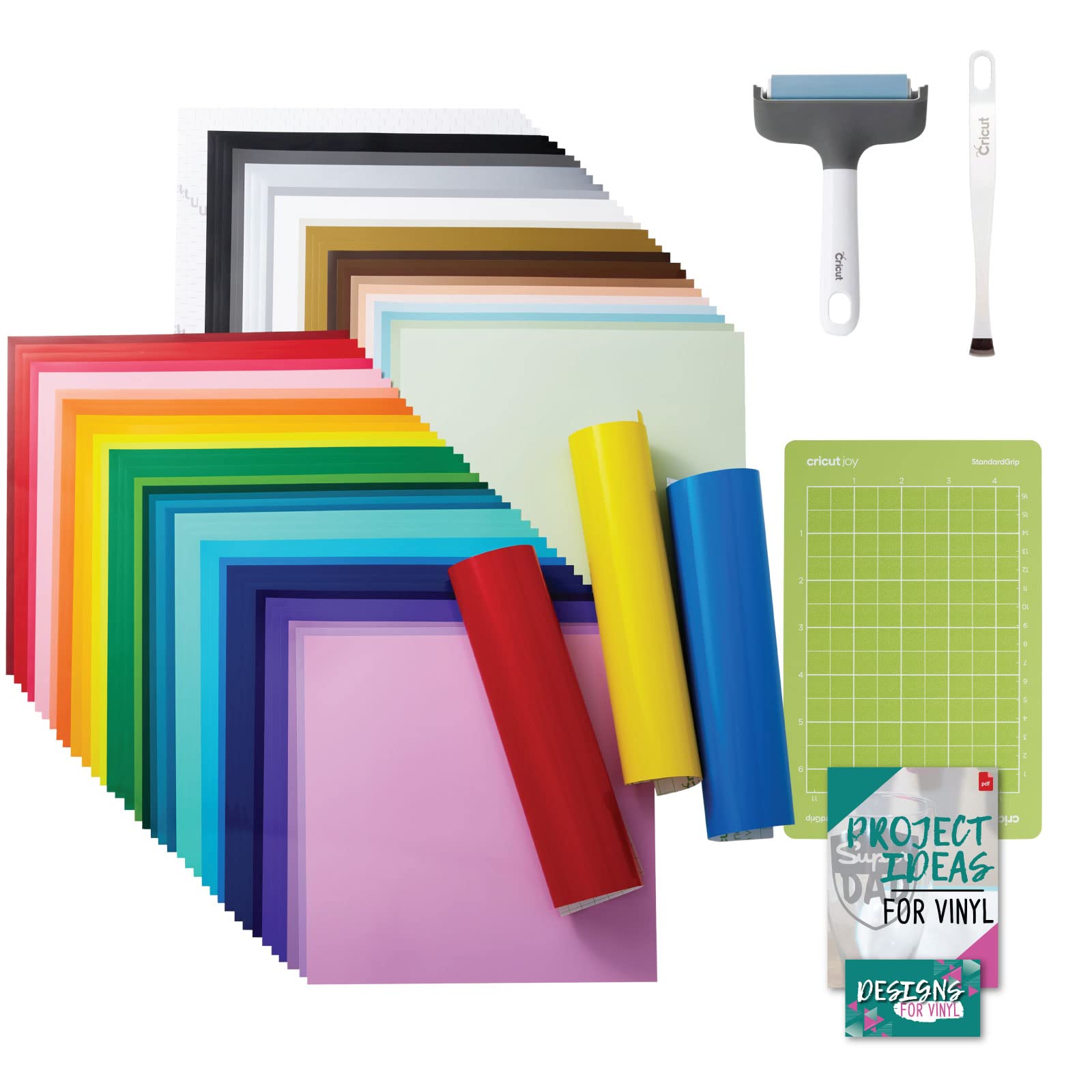 Premium Cricut Permanent Vinyl 70-Piece Ultimate Sampler Kit with Joy Standard Grip Mat & Brayer Tool - Compatible with Cricut Cutting Machines - Perfect for DIY Crafts, Home Decor, Wall Decals, Car Stickers, Party Supplies & Personalized Gifts - Great for Scrapbooking, Wedding Decorations & Custom T-Shirt Designs