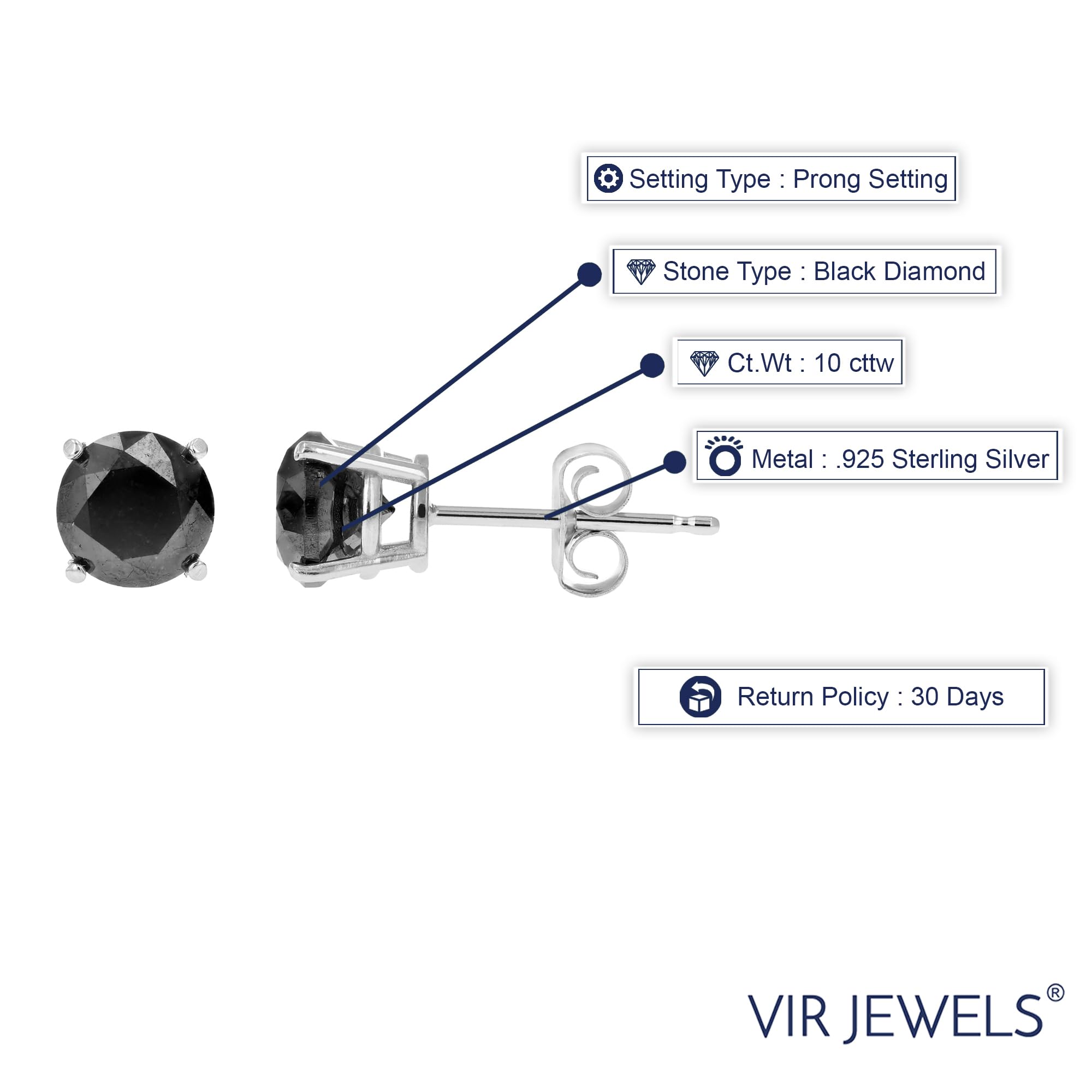 10 Cttw Black Diamond Stud Earrings .925 Sterling Silver Round Push Backs - Elegant Jewelry for Women, Perfect for Weddings, Parties & Everyday Wear