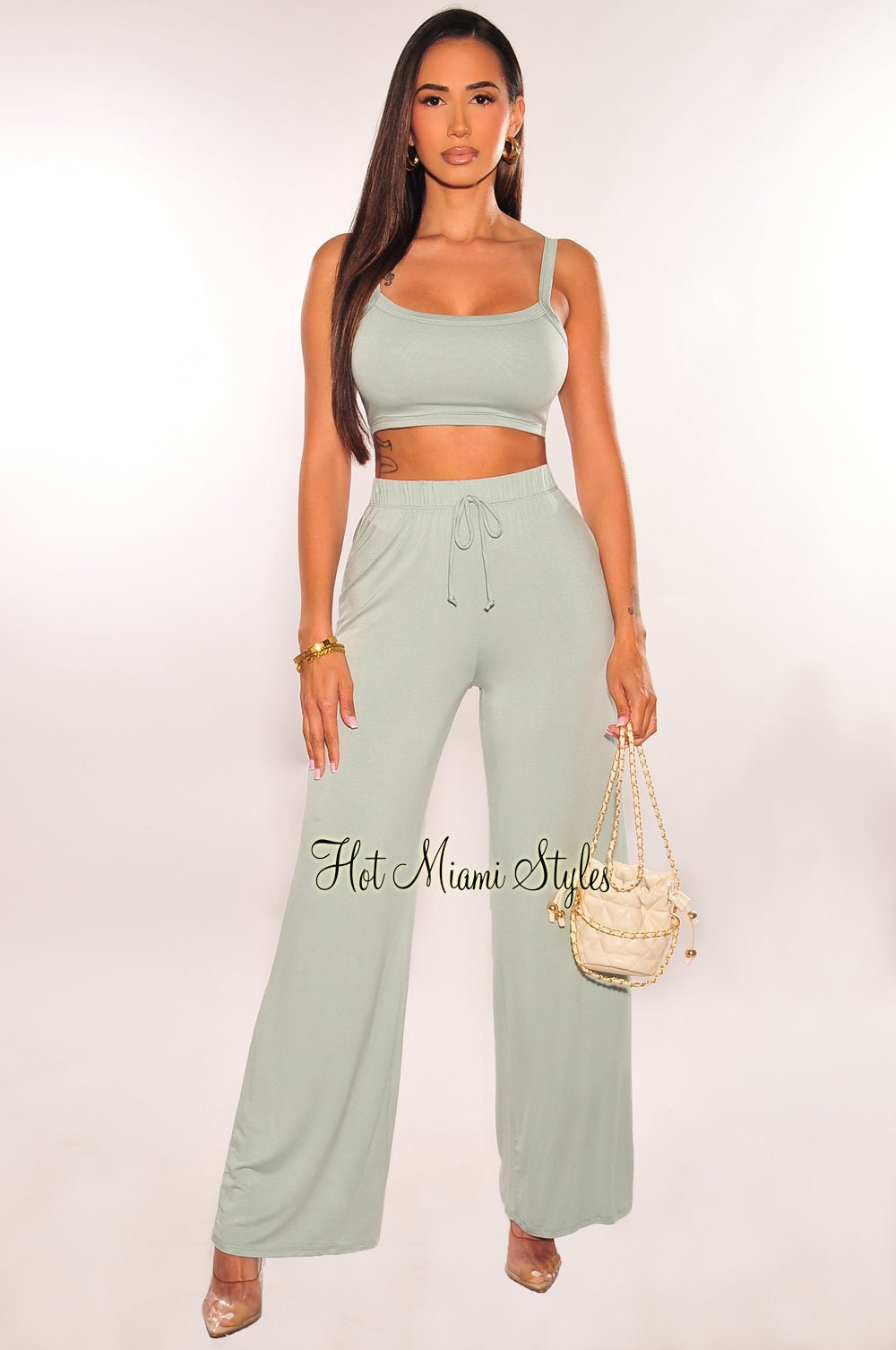 Sage Green Palazzo Pants Two Piece Set - Women's Flowy Lounge Outfit for Yoga, Beach & Casual Wear
