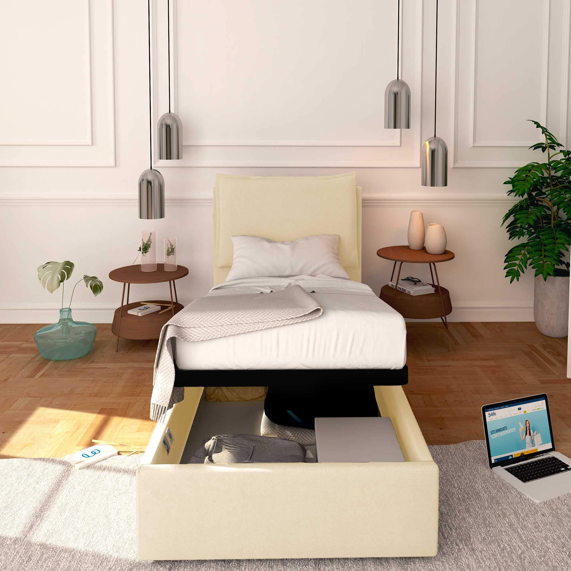 Baldiflex Single Bed with Storage, Licia Model, Synthetic Leather Upholstery, Slatted Base for Single Mattresses, 80 x 190 cm, Cream Color - Perfect for Small Bedrooms, Guest Rooms & Studio Apartments