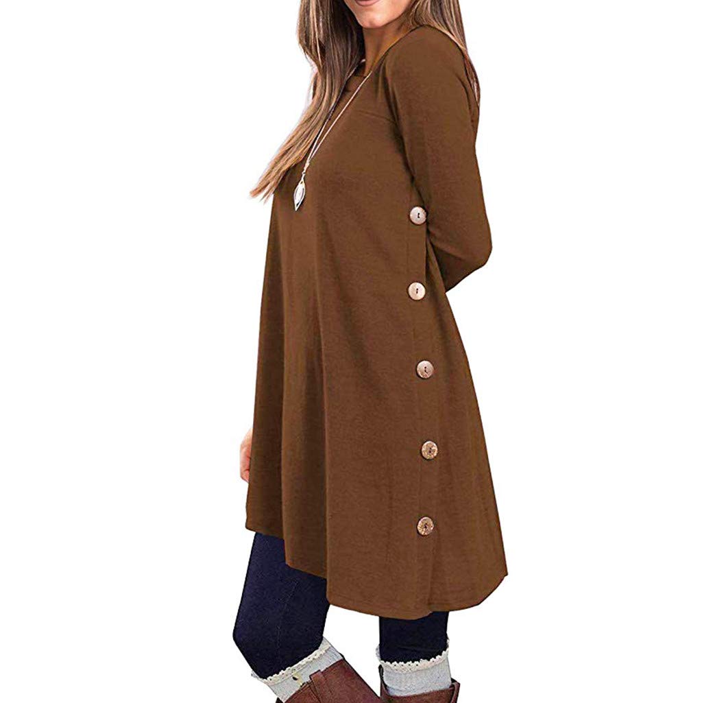 Shakumy Women's Casual Long Sleeve Scoop Neck Button Side Tunic Dress - Loose Plain Swing Top for Everyday Wear, Office & Date Night Outfits