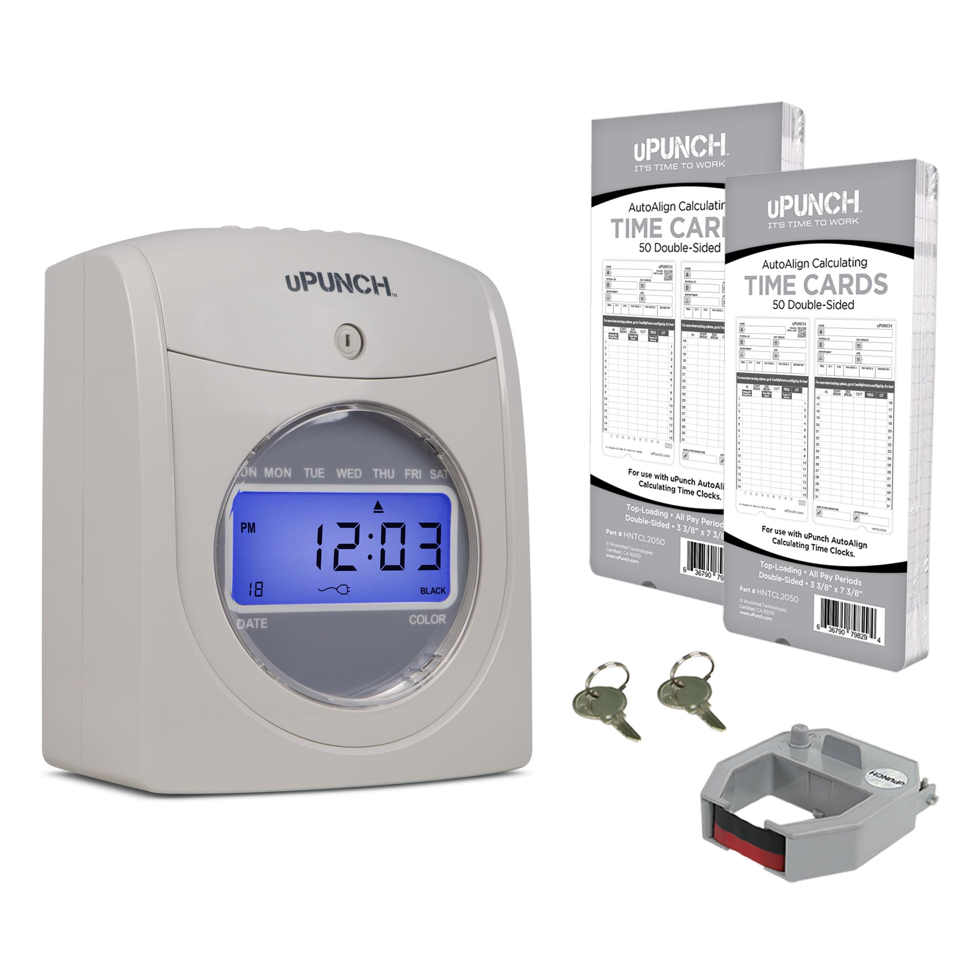 uPunch HN2500 Employee Time Clock System - Automatic Time Tracking with 100 Time Cards, Ribbon & Keys | Small Business Punch Clock Solution for Payroll, Attendance & Workforce Management | Office, Retail & Warehouse Use