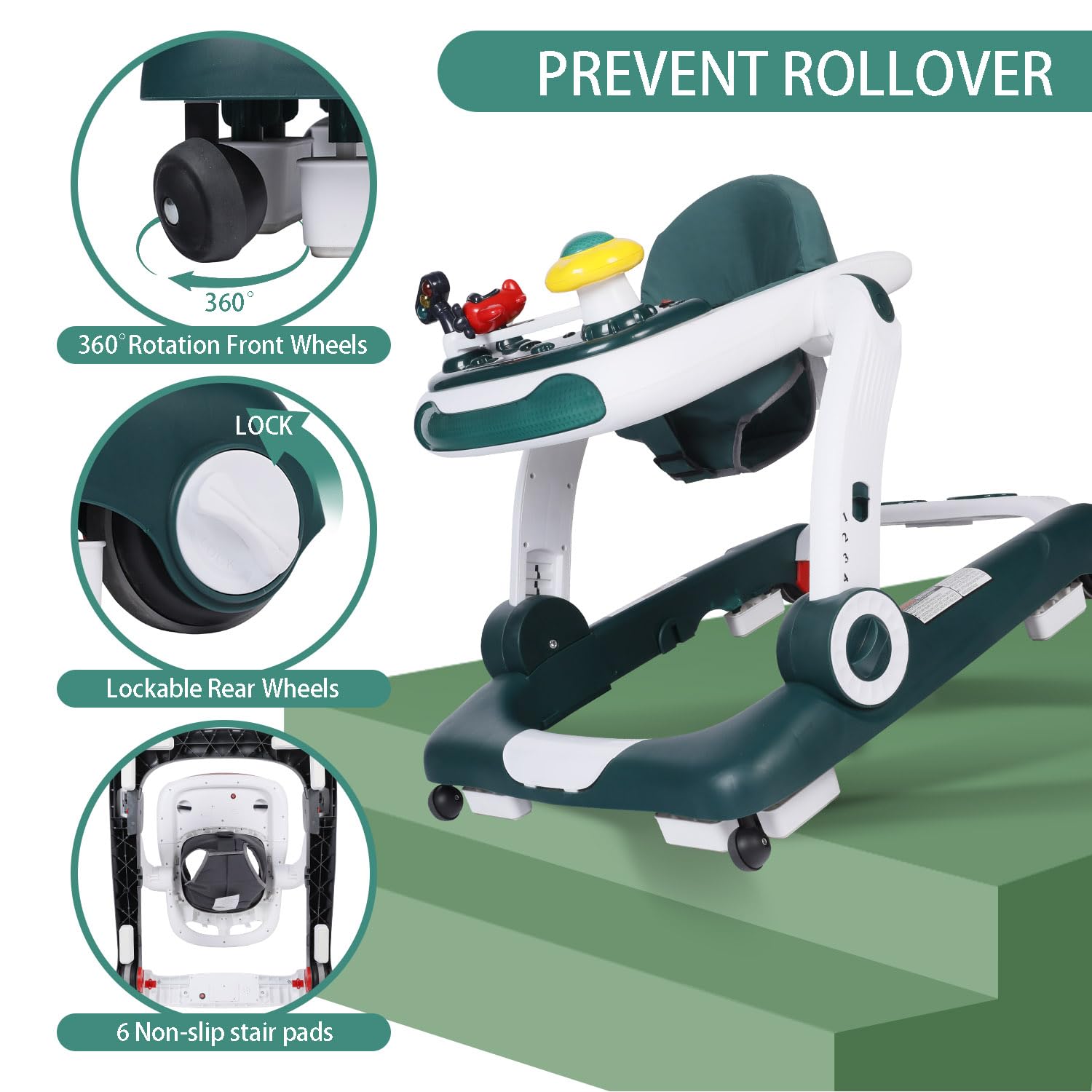 Kinder King 5-in-1 Baby Walker with Music & Lights - Adjustable Height Activity Walker for Toddlers, Anti-Rollover Safety Bumper, Learning-Seated & Walk-Behind Modes - Perfect for Indoor Play & Early Walking Development (Green)