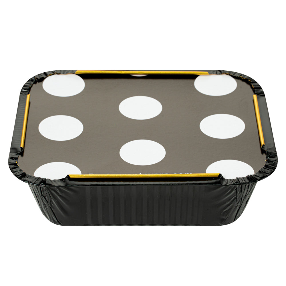 Premium 12 oz Black & Gold Aluminum Takeout Containers with Polka Dot Lids - 5.75
