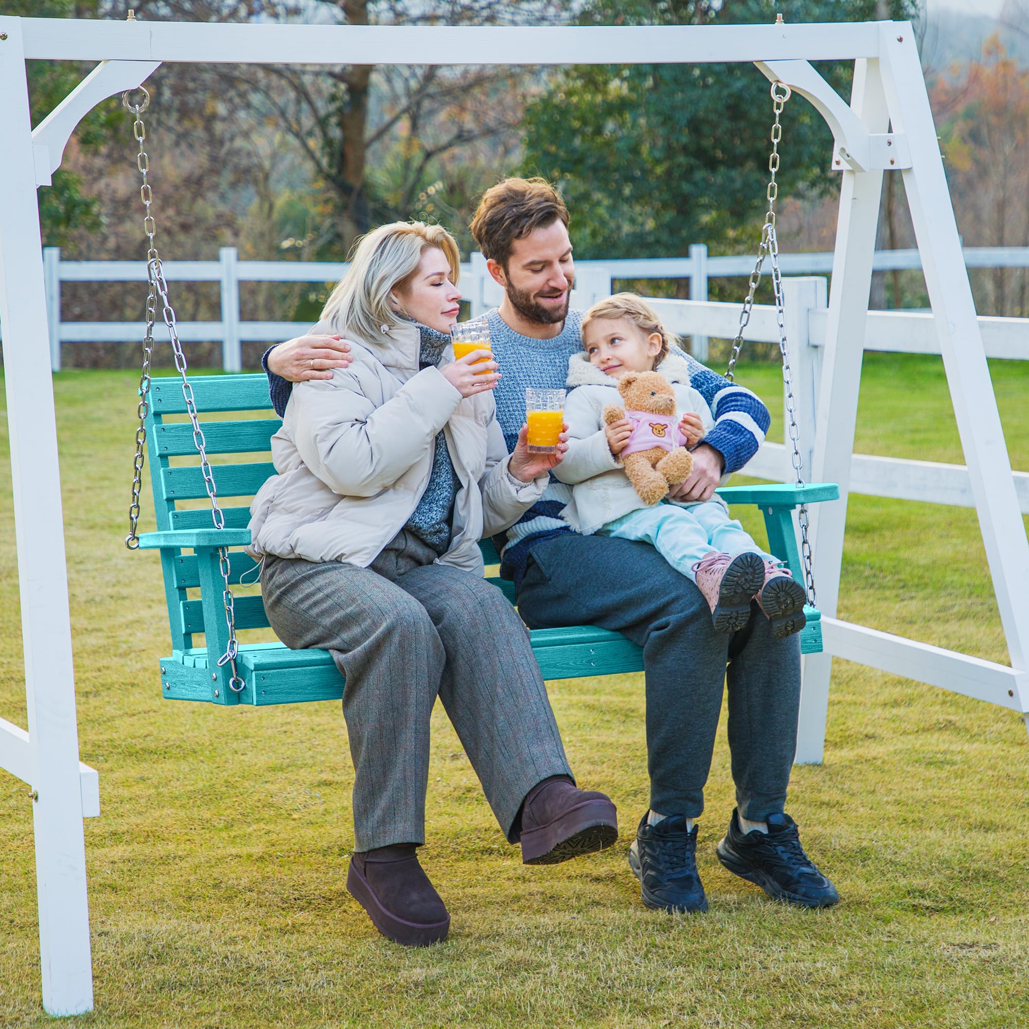 KINGYES 2-Person Outdoor Hanging Porch Swing Chair with Cup Holders - 660LBS Weight Capacity, Waterproof Patio Swing Bench for Garden, Backyard & Courtyard - Perfect for Relaxing, Reading & Enjoying Nature (Aruba Blue)