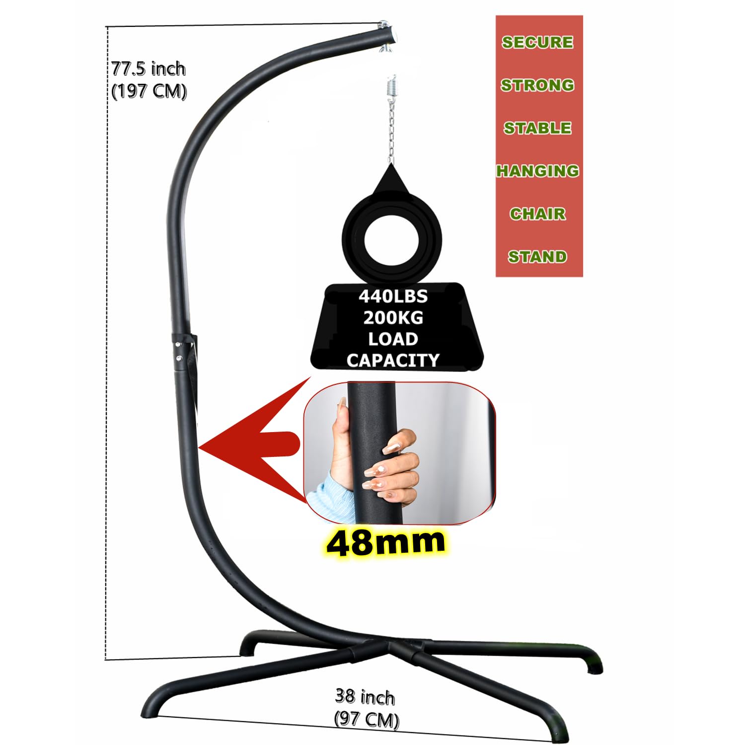 Hanging Egg Chair Stand Only - Heavy Duty 440lbs Capacity C-Stand with Chains & Hooks for Patio, Garden, Balcony - Includes Snap Hook, Pin Plug & Spring - Perfect for Outdoor Relaxation & Swing Chair Setup (Black)