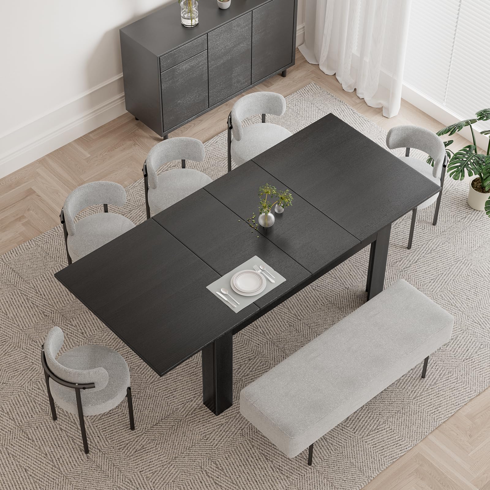 Extendable Farmhouse Dining Table for 6-10 People - Large Rectangular Plank and Beam Kitchen Table in Black - Perfect for Family Meals, Living Room Gatherings, and Home Office Meetings