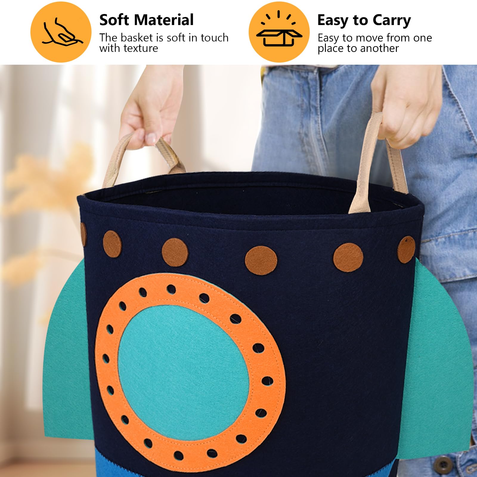 Large Kids Laundry Hamper Basket with Carry Handle - Rocket Design for Toy Storage, Baby Clothes & Bedroom Decor - Perfect for Boys & Girls Room Organization