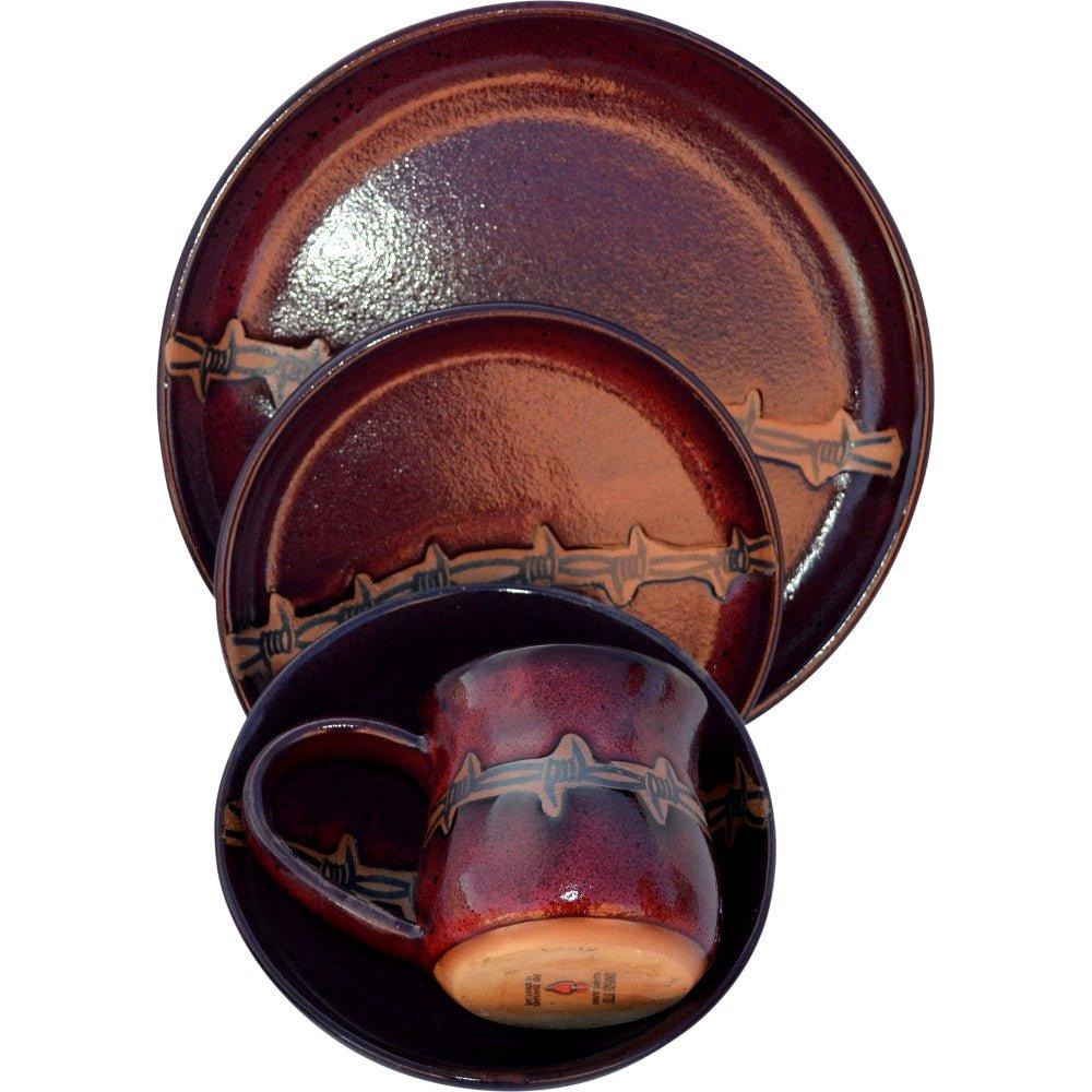 Rustic Barbed Wire Western Dinnerware Set - Red Ceramic Plates & Bowls for Cowboy Themed Parties & Ranch Style Dining