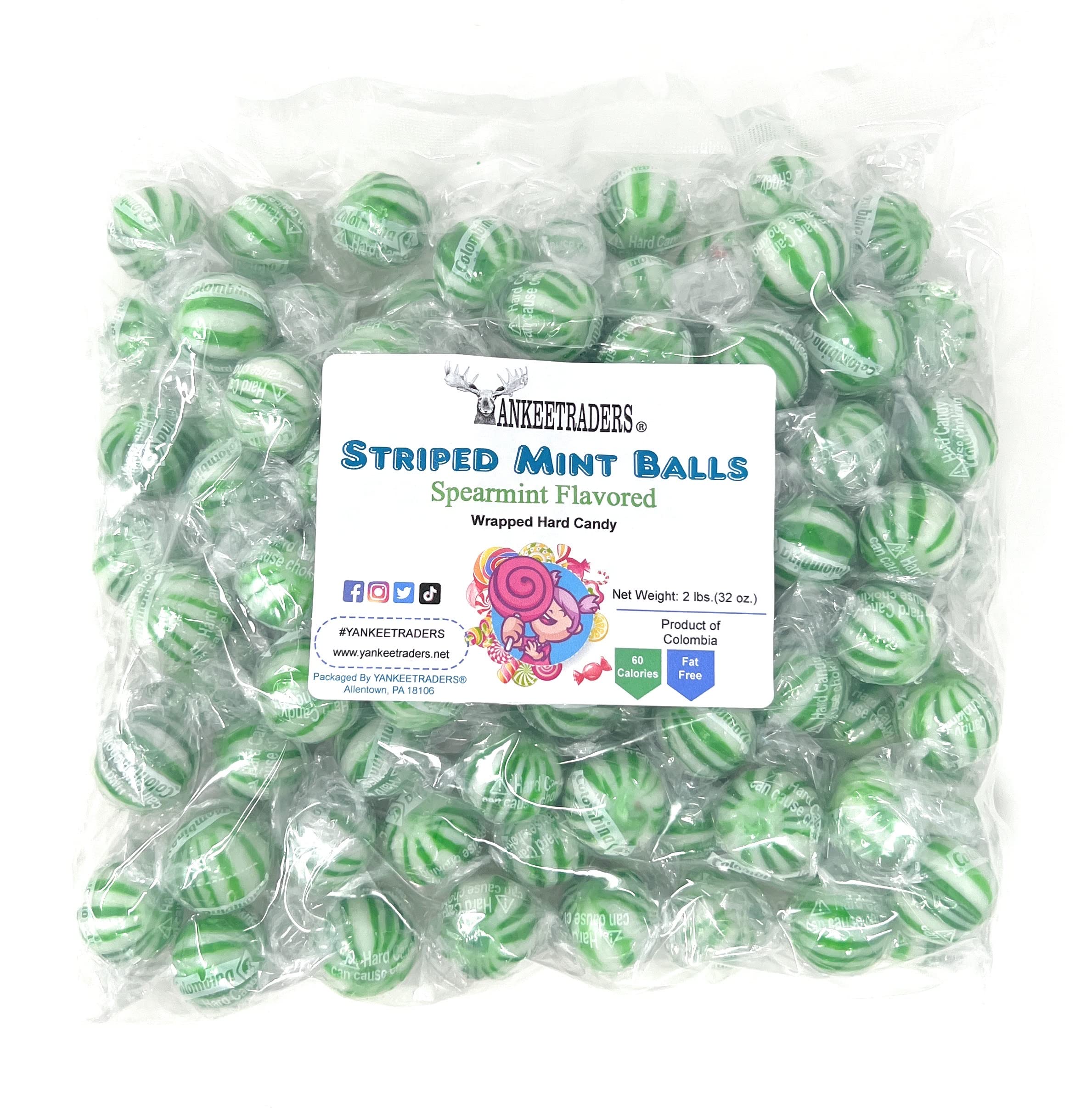 YANKEETRADERS Spearmint Striped Candy Balls - 2 Lbs Bulk Pack | Fresh Mint Flavored Hard Candies for Parties, Office Treats & Holiday Gifts