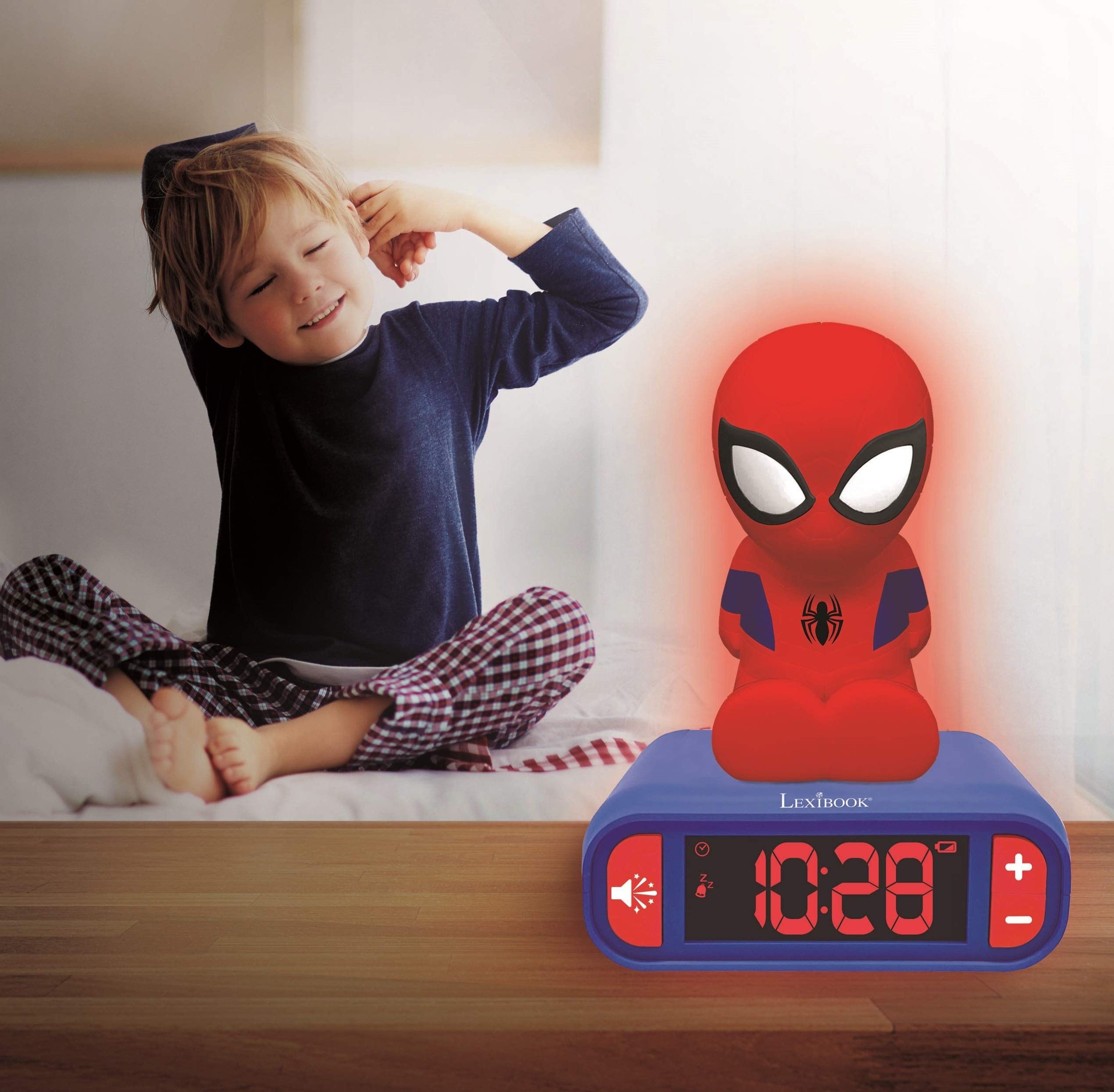 LEXIBOOK Digital Alarm Clock with Night Light, Snooze & Marvel Spider-Man Sound Effects - Blue Superhero Clock for Boys - Perfect for Bedrooms & Kids' Rooms