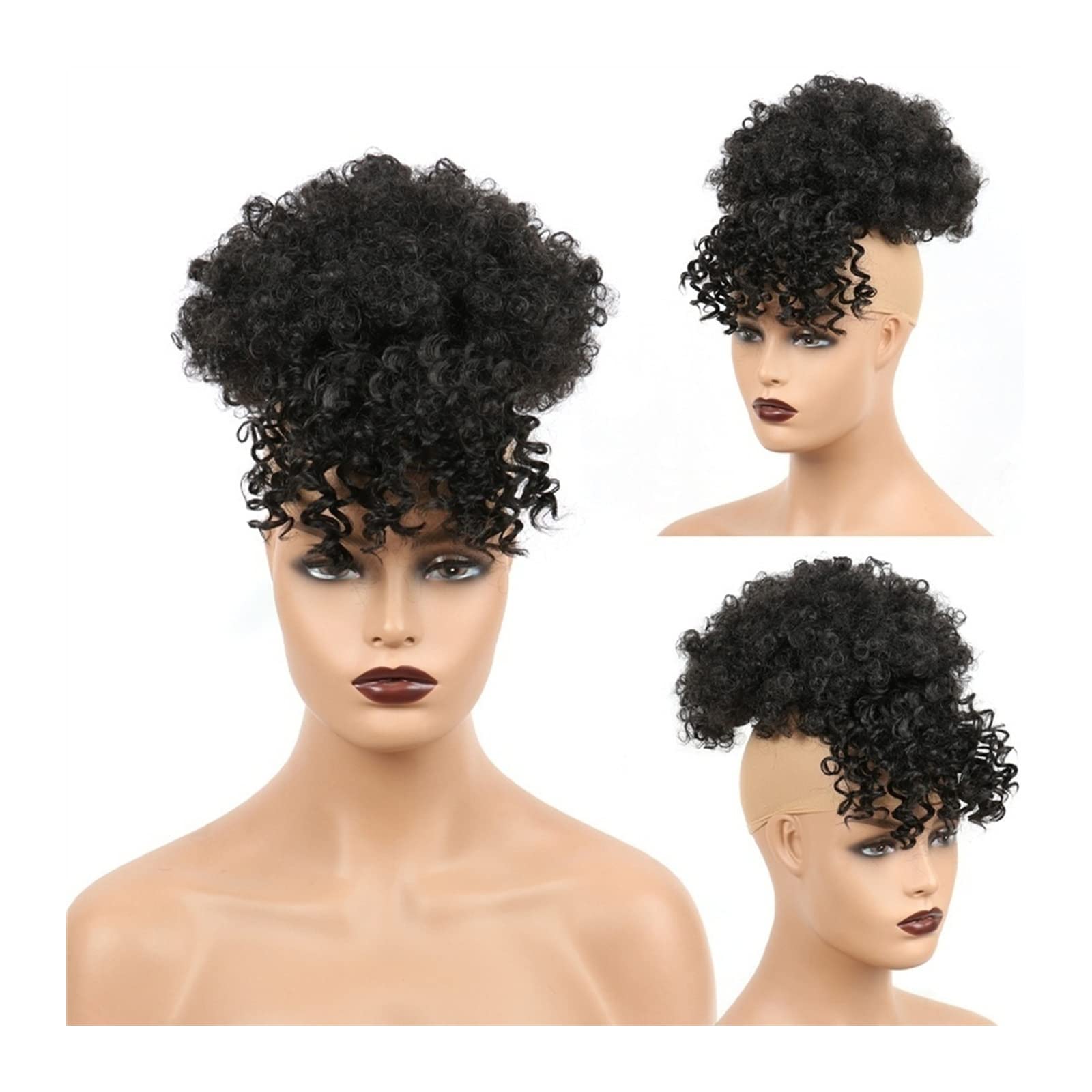 Afro High Puff Synthetic Hair Bun with Bangs - Kinky Curly Drawstring Ponytail Extension for Black Women | Clip-in Chignon for Natural Hairstyles | Perfect for Protective Styling, Everyday Wear & Special Occasions