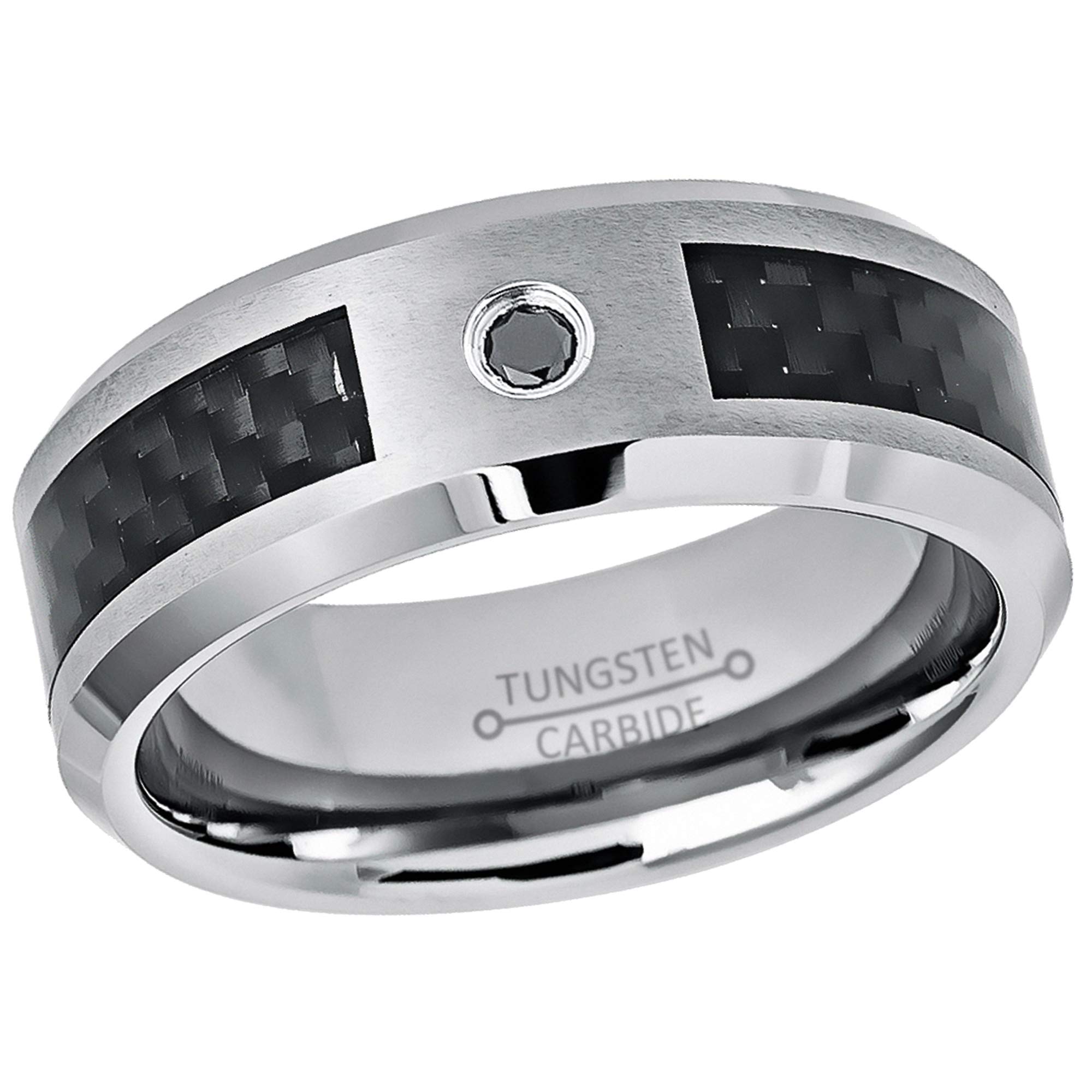 0.05ct Black Diamond Tungsten Ring - 8mm Beveled Tungsten Carbide Wedding Band with Carbon Fiber Inlay for Men | Anniversary, Engagement & Everyday Wear Jewelry Gift