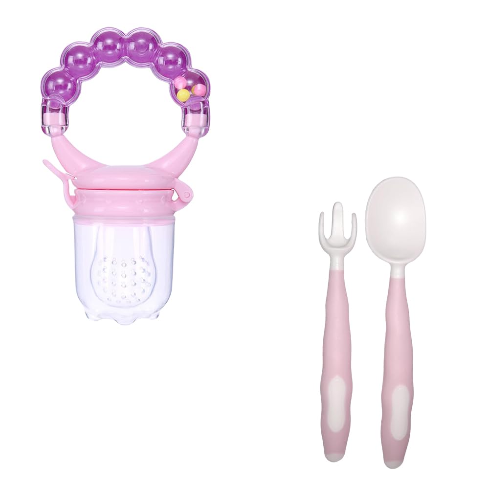 Kritiu BPA-Free Silicone Baby Rattle Teether & Spoon Set - Safe Teething Toys for Infants 6+ Months - Soft Chewable Spoons for Feeding - Purple & Pink (Great for Soothing Gums & Learning Self-Feeding)