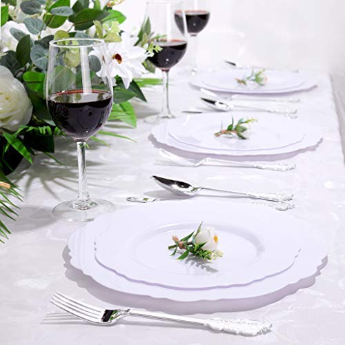 60 Pack White Plastic Plates 10.25 Inch - Elegant Baroque Disposable Dinner Plates for Wedding, Upscale Parties & Events - Perfect for Catering, Banquets and Formal Dining Occasions