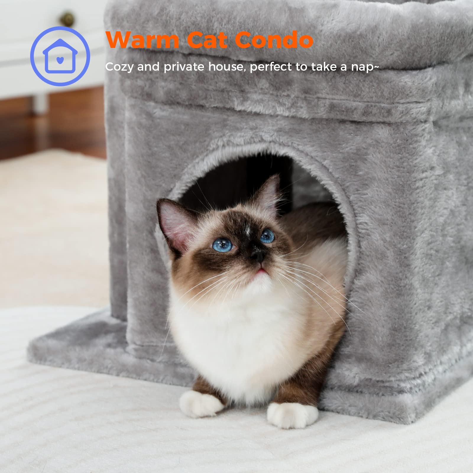 PAWZ Road Multi-Level Cat Tree with Sisal Scratching Post, Soft Cat Condo & Plush Pompom - Grey Indoor Cat Tower for Play, Rest & Climbing | Perfect for Small Spaces & Kitty Exercise