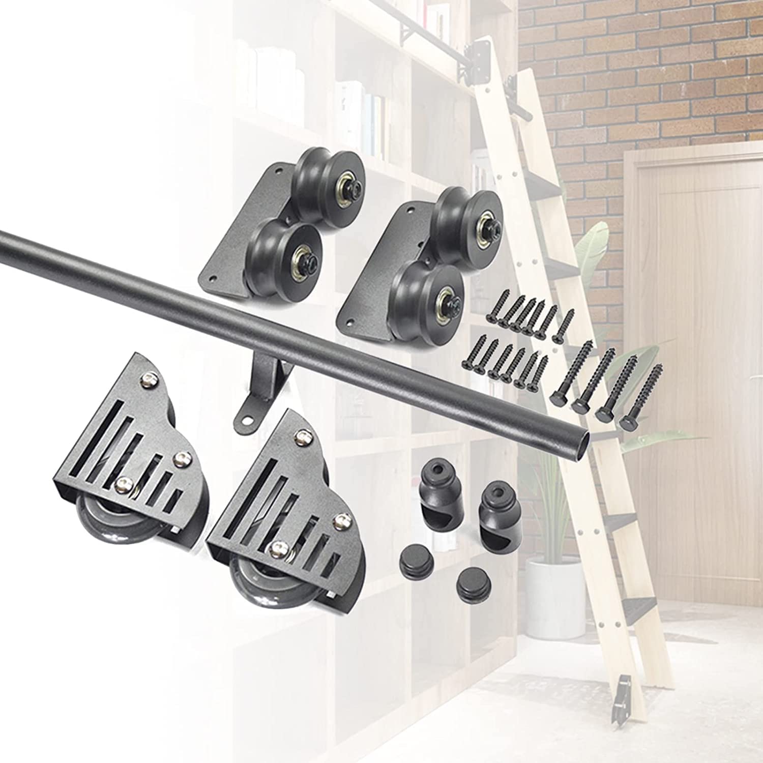 Complete Mobile Extension Ladder Rail Kit - Forged Iron Rolling Library Foot Hardware with Round Tube Rail & Sliding Roller (Ladder Not Included) - Black - Perfect for Home Storage, Garage Organization & Industrial Shelving