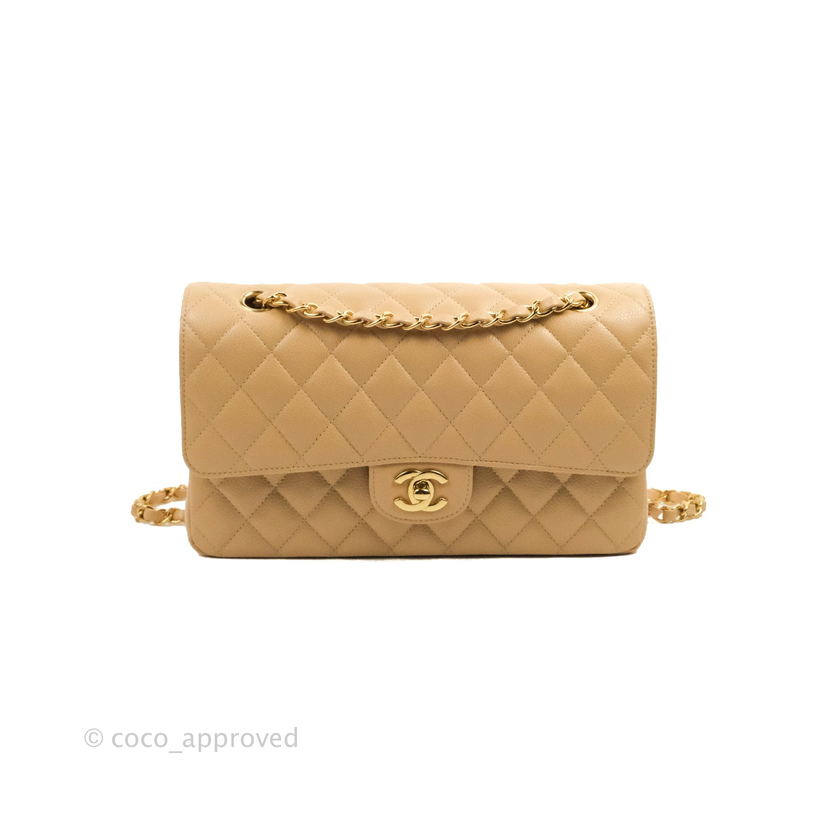 Chanel Classic Medium Flap Bag Quilted Beige Caviar Leather with Gold Hardware - Luxury Crossbody Purse for Women, Perfect for Work, Date Night & Special Occasions