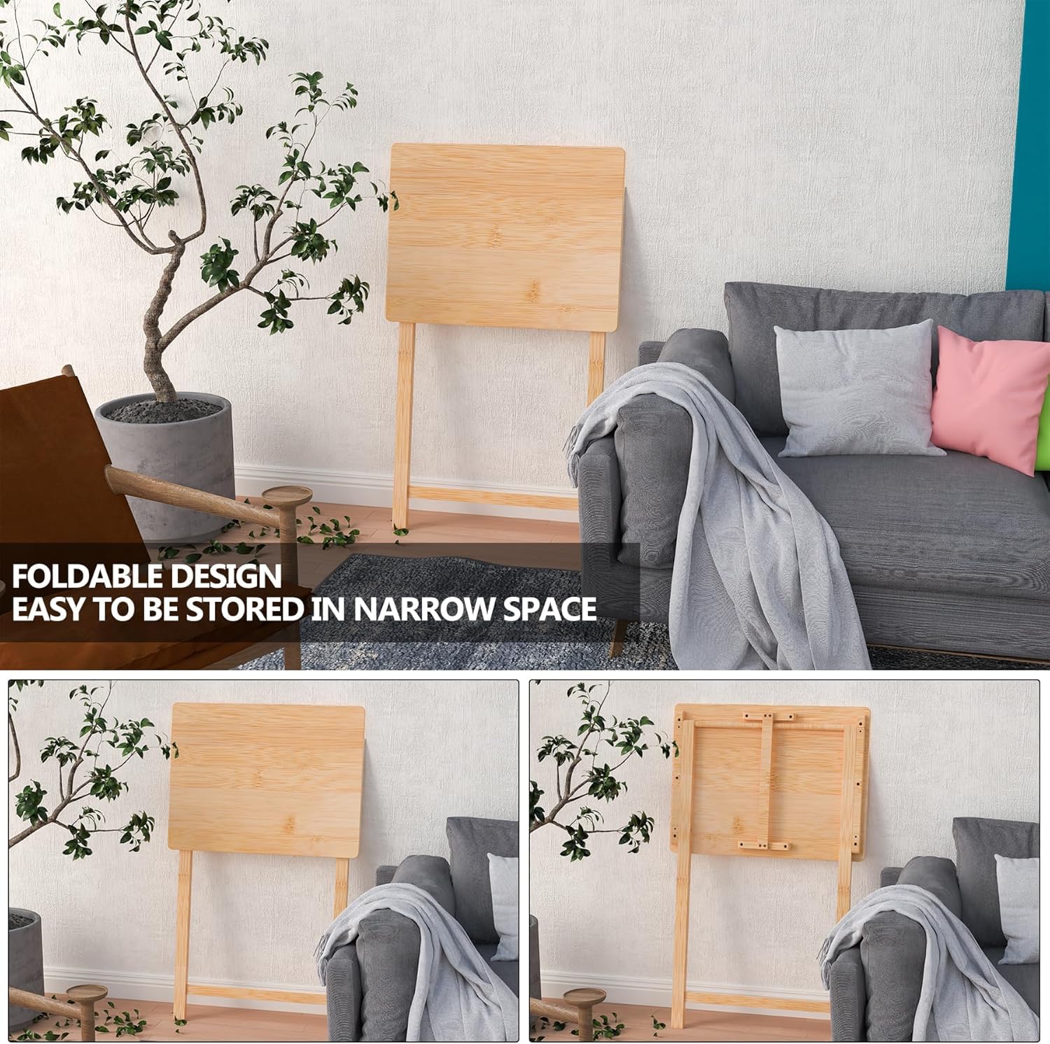 Fully Assembled Folding TV Tray Table Set of 2 - Natural Bamboo Foldable TV Dinner Trays for Eating, Sofa, Couch & Bed - Perfect for Movie Nights, Breakfast in Bed & Small Space Living