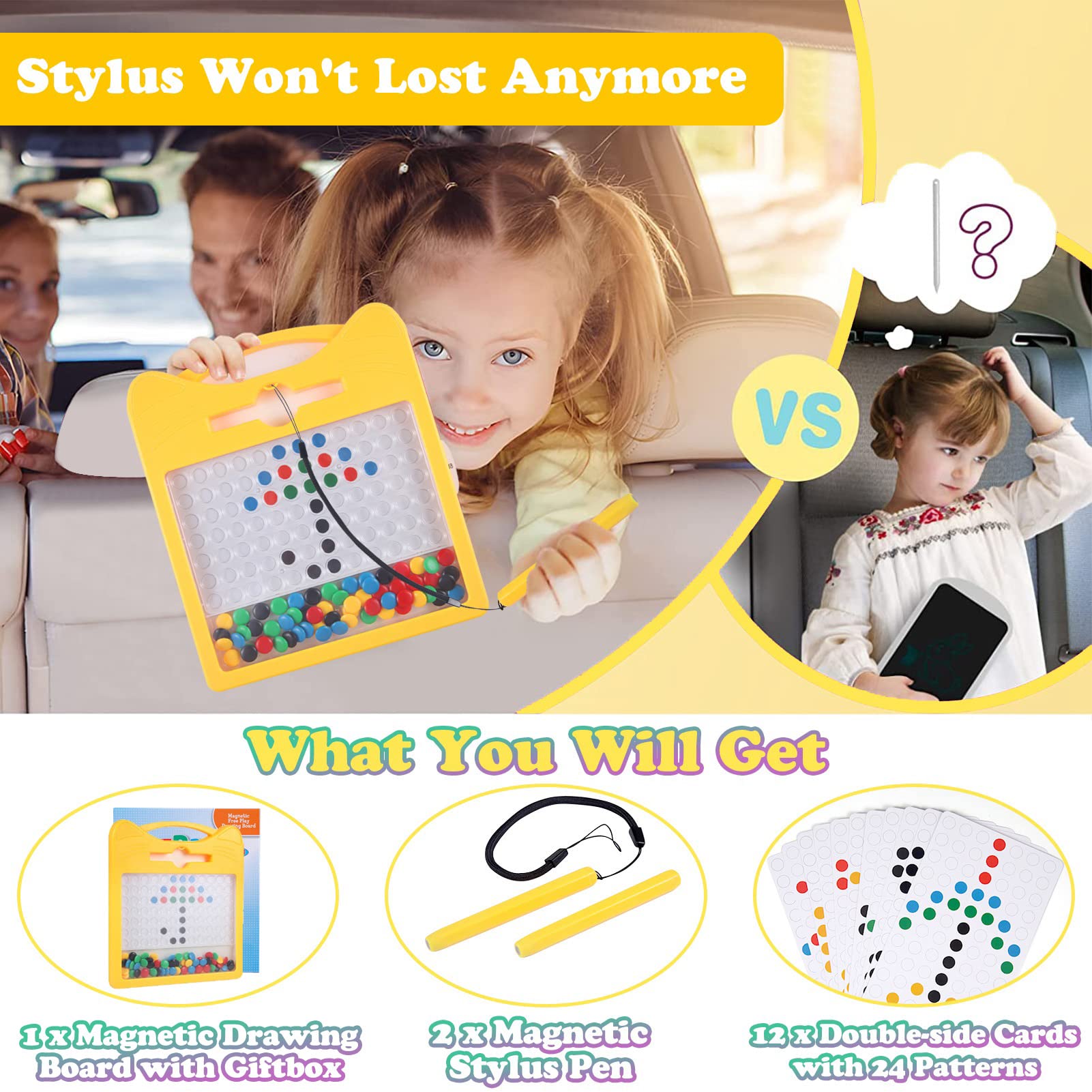 Magnetic Drawing Board for Kids - Toddler Magnet Doodle Board with 2 Pens, Dot Art Educational Toy for Fine Motor Skills Development | Travel Essential for Airplane, Car Rides & Home Play (Yellow Cat Design)