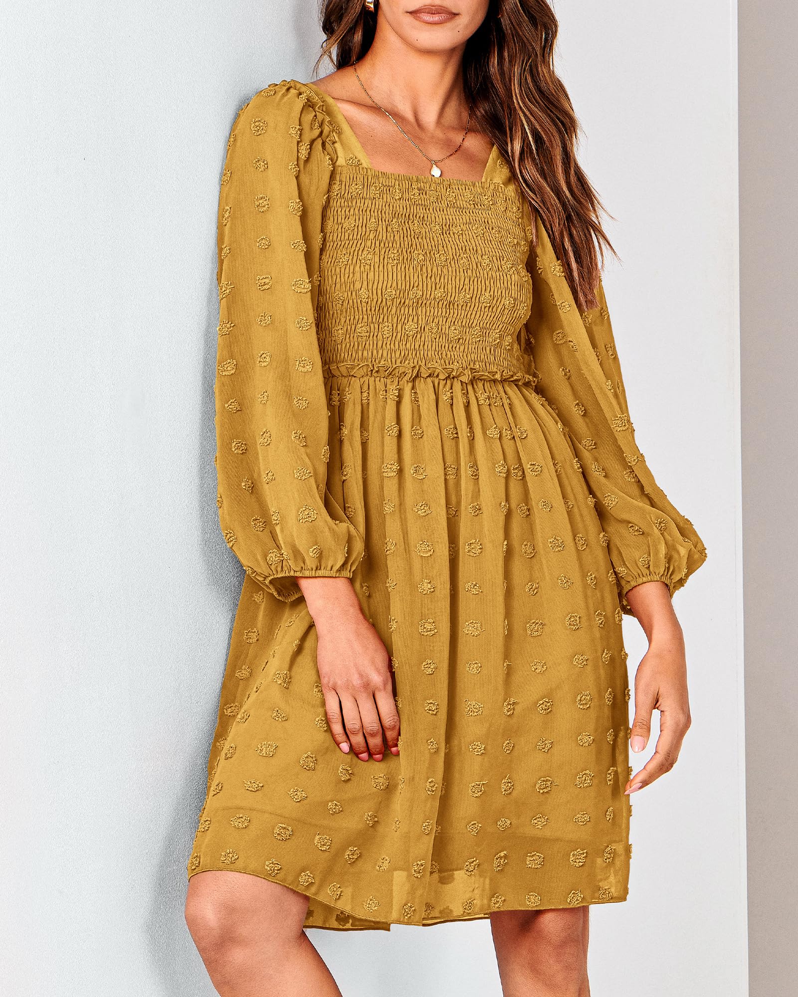 BTFBM Women's Floral Swiss Dot Smocked Mini Dress - Square Neck Long Sleeve Boho Dress for Wedding Guest, Spring & Summer 2025 | Perfect for Garden Parties, Bridal Showers & Date Nights