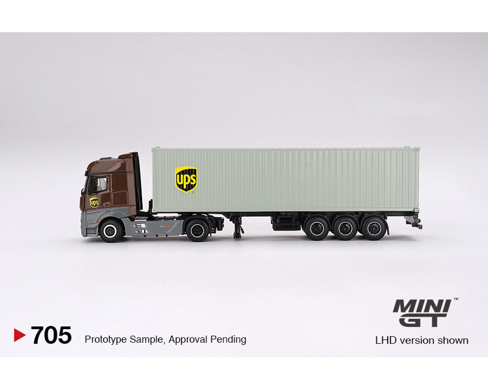 MINI GT 1/64 Scale Mercedes Benz Actros Truck with 40 Ft Dry Container - UPS Europe Livery - Collectible Diecast Model Car for Display & Toy Gift for Kids