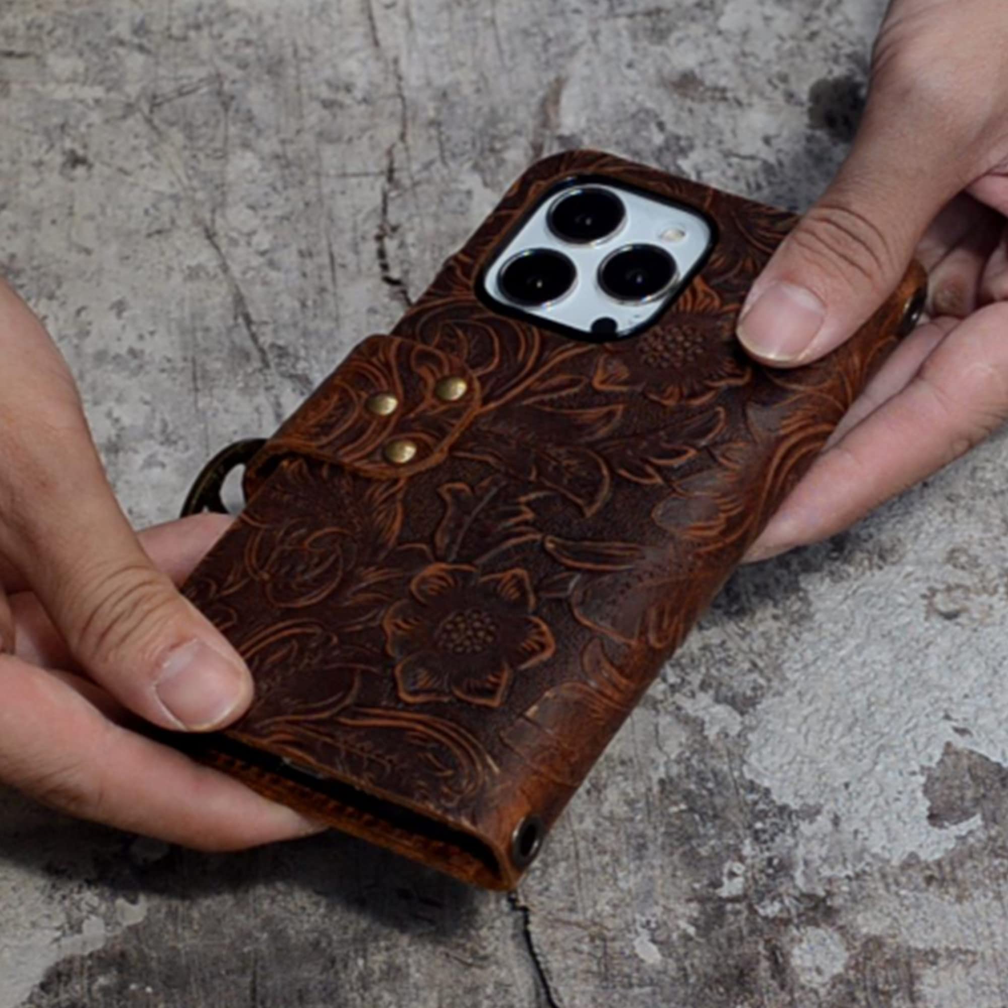 Genuine Leather iPhone Wallet Case with Wrist Strap - Compatible with iPhone 16 Pro Max/15 Plus/15 Pro/14/13 Mini/12 - Premium Handcrafted Brown Leather Phone Case for Daily Use & Travel