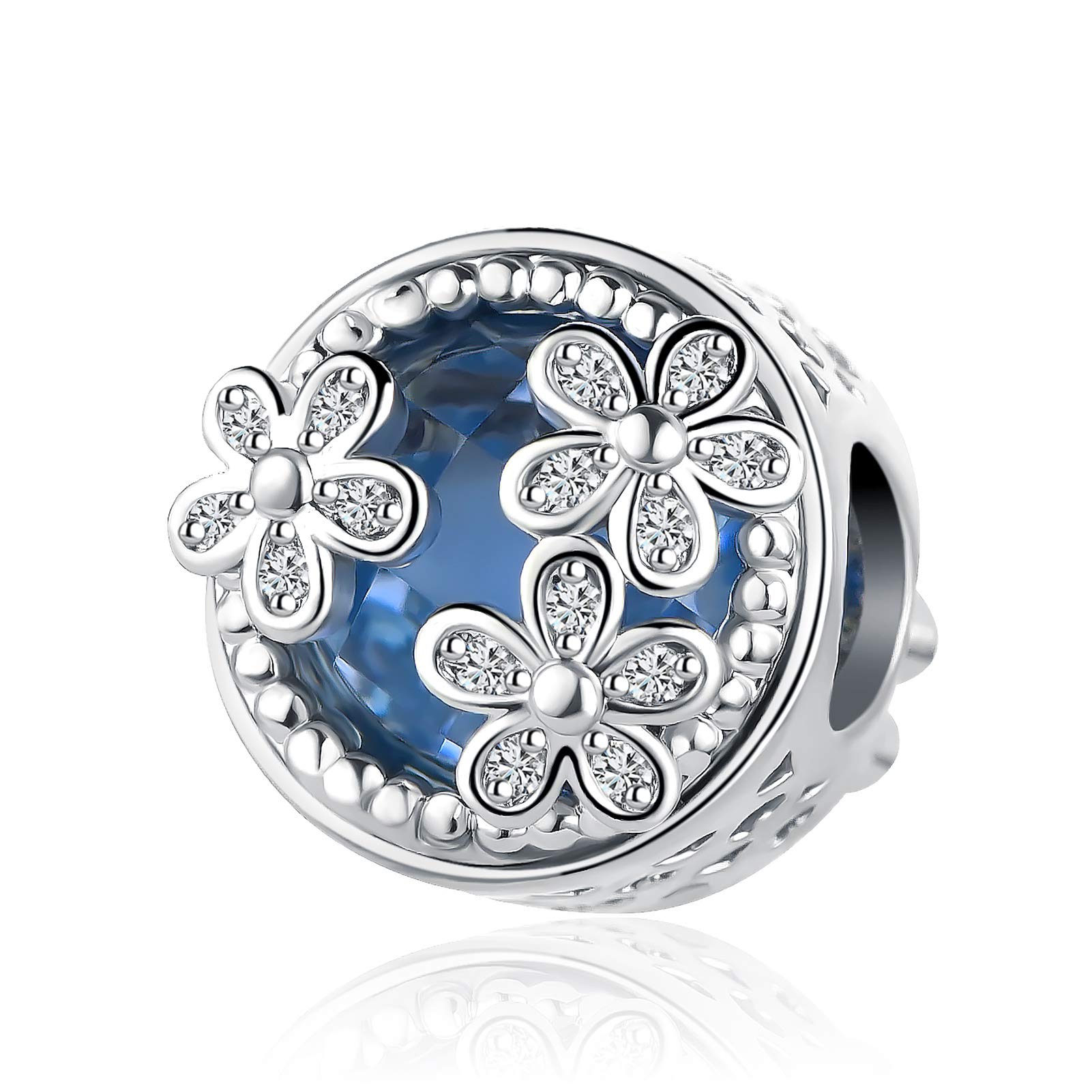Mini Jewelry Crystal Clear Flower Radiant Heart Blue Enamel Charm - Compatible with Pandora Bracelets for Women & Girls | Birthday Gift, Mother's Day Present, Friendship Token