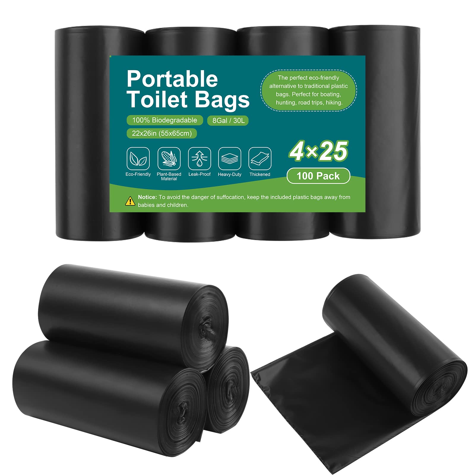 100 Biodegradable Portable Toilet Bags - 8 Gallon Drawstring Waste Bags for Camping, Hiking & Travel | Fits 5-8 Gallon Bucket Toilets | Eco-Friendly Outdoor Sanitation Solution for RV, Car & Emergency Preparedness