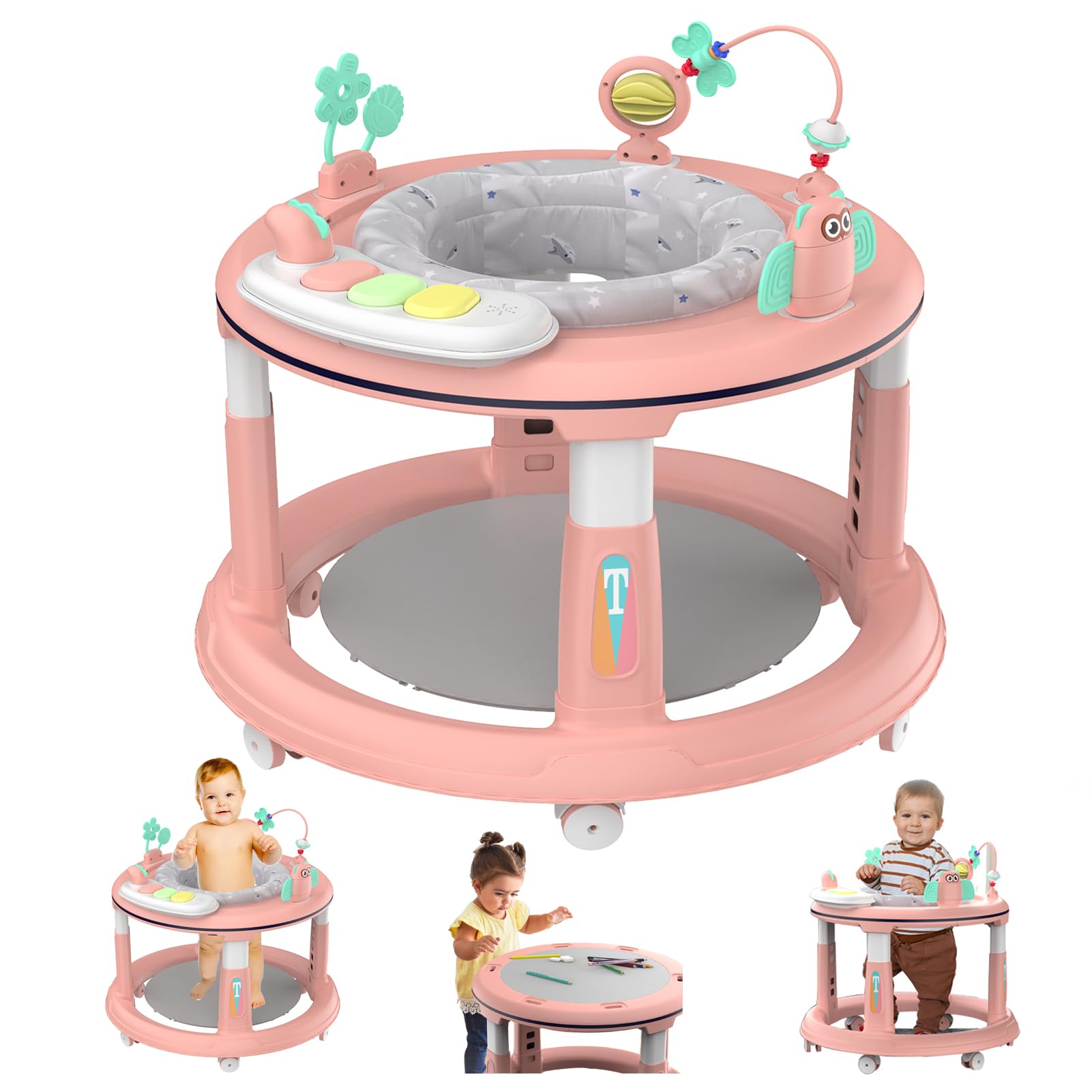 Adjustable Baby Walker for 6-12 Months - 5 Height Settings, 360° Swivel Seat with Music & Detachable Toys | Safe Activity Center for Boys & Girls (Pink) | Perfect for Learning to Walk & Indoor Play