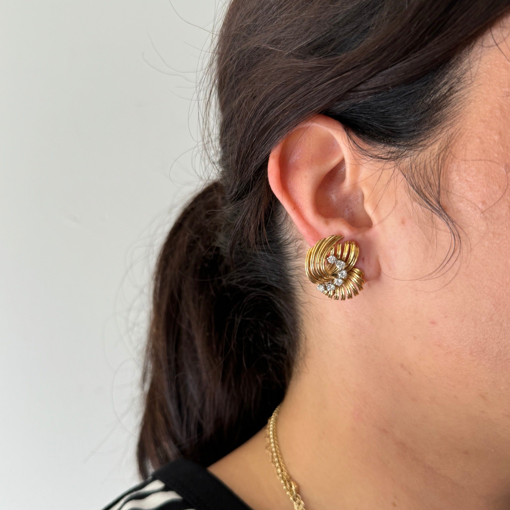Vintage Diamond 18K Gold Fan Clip-On Earrings for Women | Elegant Dangle Earrings for Weddings, Parties & Special Occasions