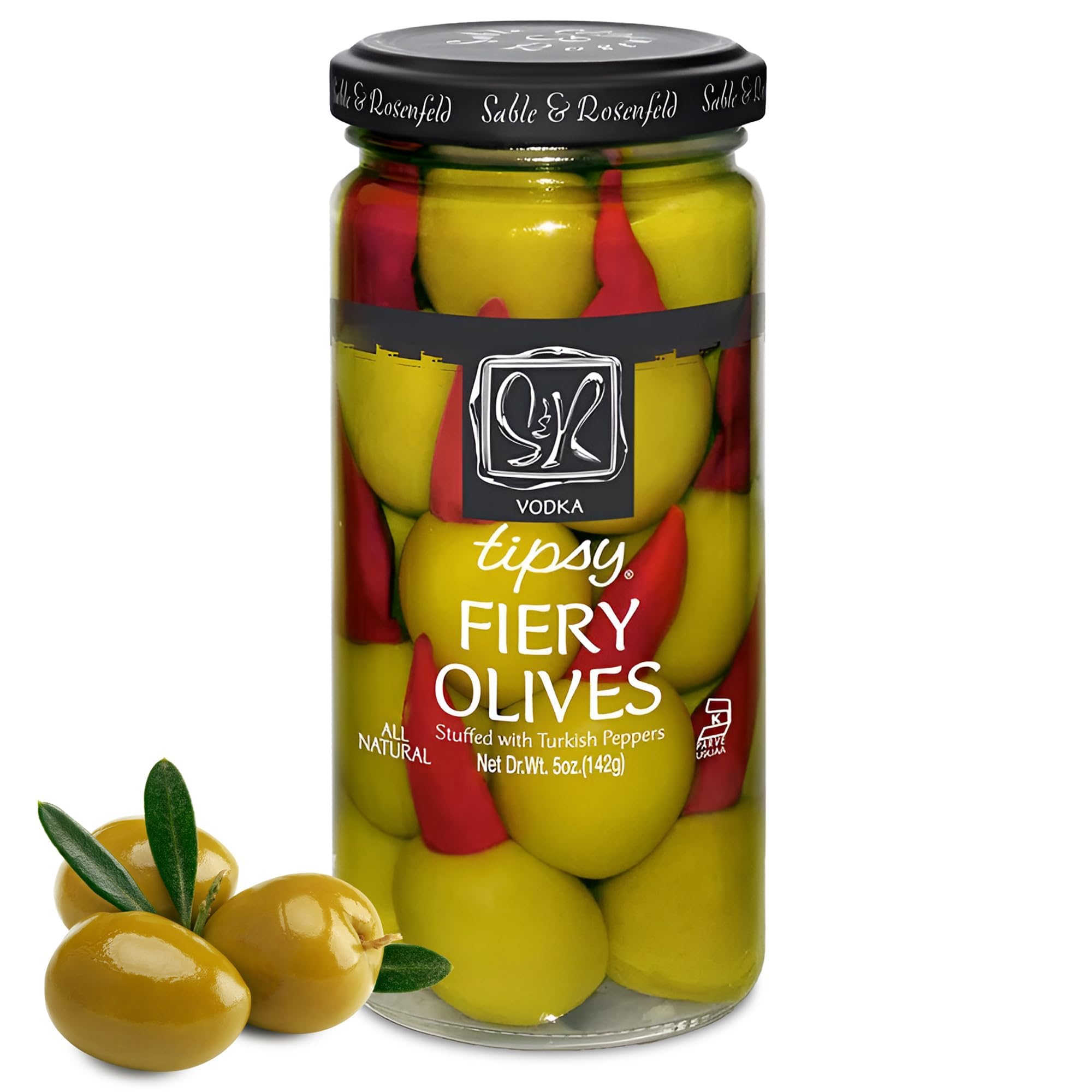 Premium Sable & Rosenfeld Tipsy Fiery Olives - Jumbo Green Olives Stuffed with Spicy Turkish Peppers - Perfect for Bloody Mary Garnish, Martini Cocktails & Charcuterie Boards - 5oz Gourmet Cocktail Olives (Pack of 1) - Great for Parties, Home Bars & Gourmet Gift Giving
