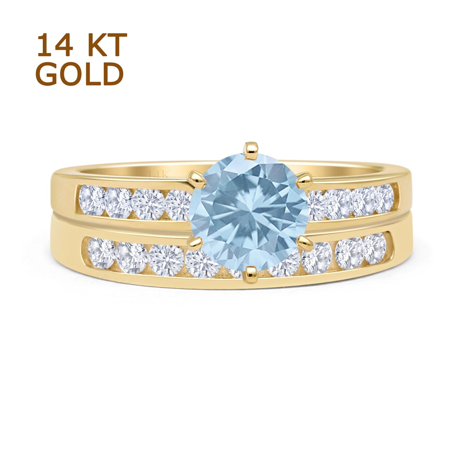 14K Yellow Gold Two Piece Half Eternity Round Aquamarine CZ Cathedral Wedding Ring Set - Perfect for Bridal Jewelry, Anniversary Gifts & Special Occasions