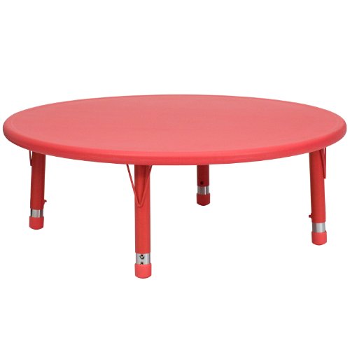 EMMA & OLIVER 45-Inch Round Red Plastic Adjustable Height Kids Activity Table - Perfect for Playrooms, Classrooms, and Daycare Centers