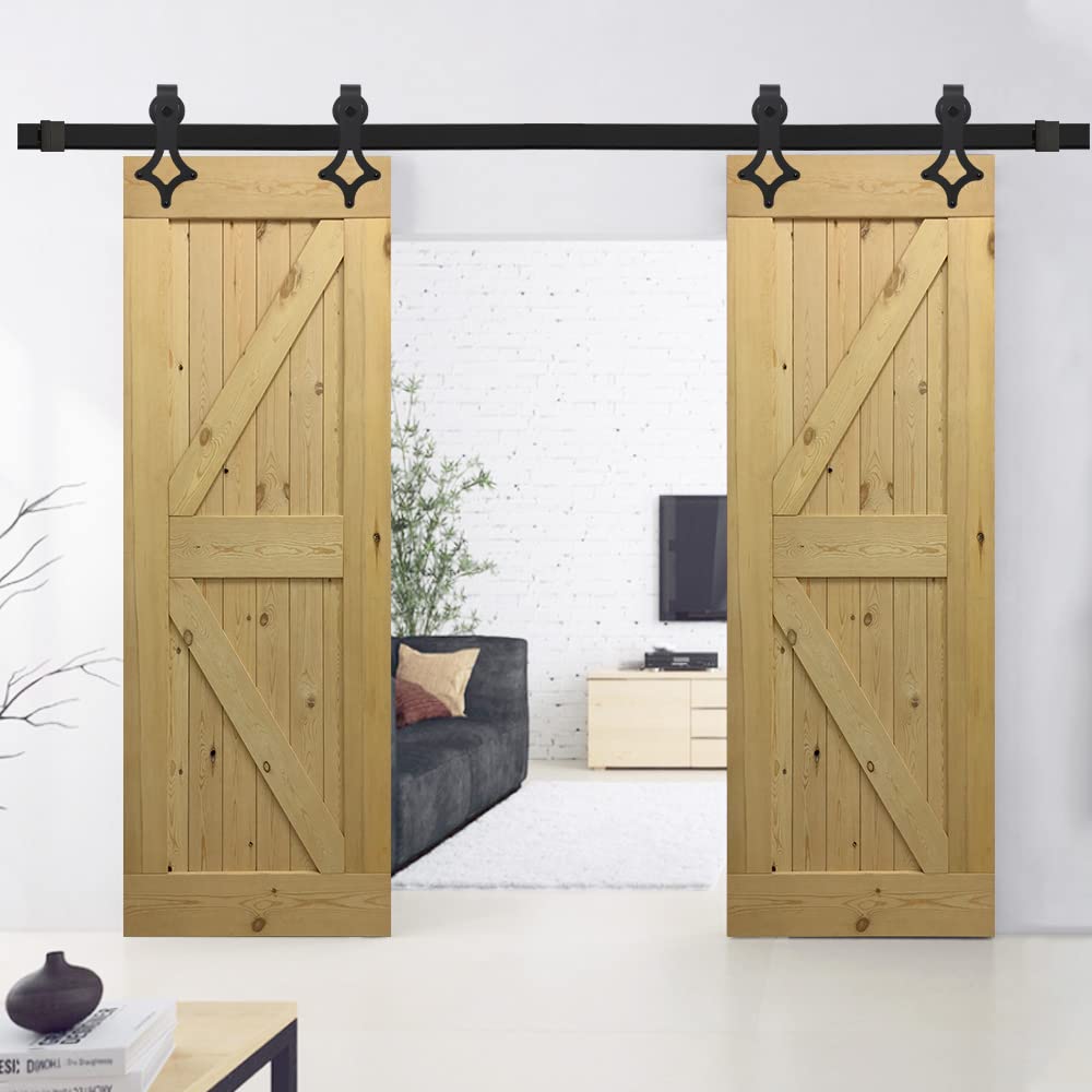 18FT Black Sliding Barn Door Hardware Kit - Rhombic Hanger System for Double Doors | Rustic Home Decor, Farmhouse Style Interior Design