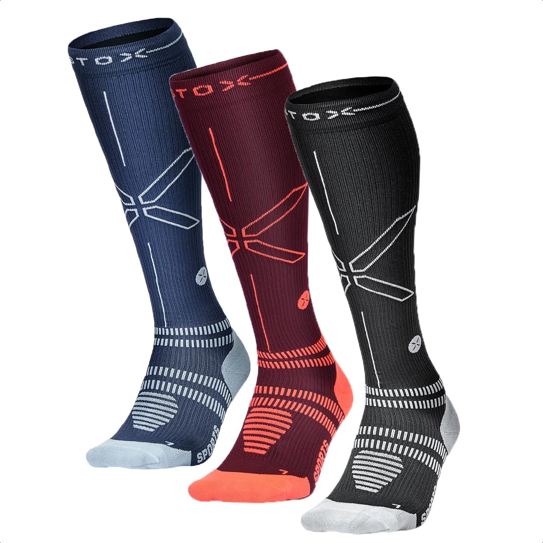 STOX Energy Socks - Women's Athletic Compression Socks for Running, Workout & Sports - Reduce Muscle Fatigue & Pain - Faster Recovery - Enhanced Comfort - Black, Burgundy, Blue - Perfect for Gym, Marathon & Everyday Active Wear