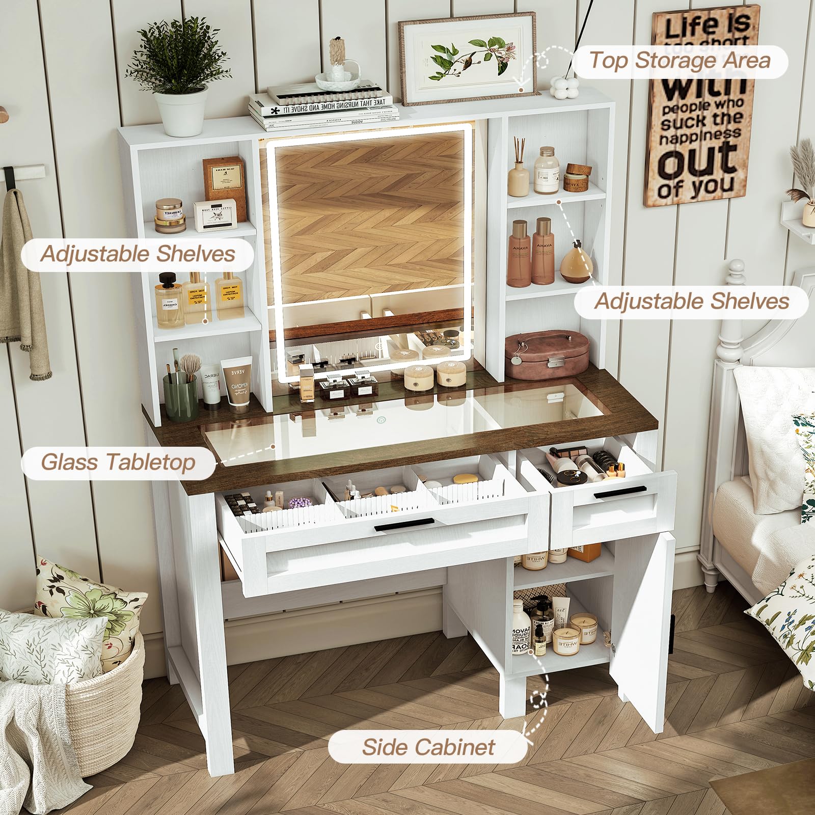 Farmhouse Makeup Vanity Desk with Mirror & LED Lights - White Glass Top Dressing Table with Adjustable Shelves, 2 Drawers & Side Cabinet - Perfect for Bedroom, Dorm Room or Boudoir Makeup Organization