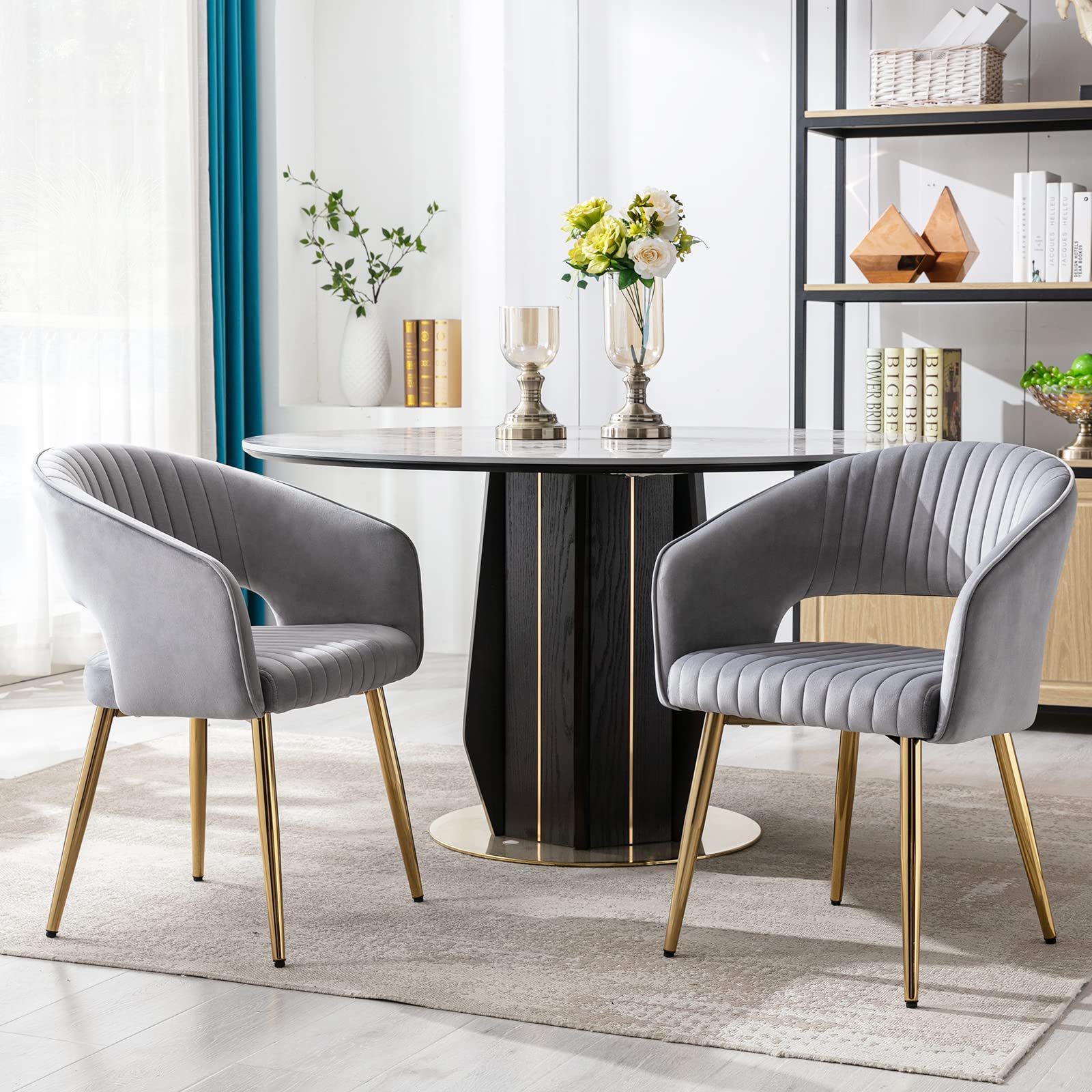 Modern Velvet Dining Chairs with Gold Metal Legs - Set of 4 Grey Upholstered Kitchen & Dining Room Chairs with Hollow Back Design - Elegant Accent Chairs for Living Room, Kitchen, Dining Area & Home Decor (Grey, 4 Pack)