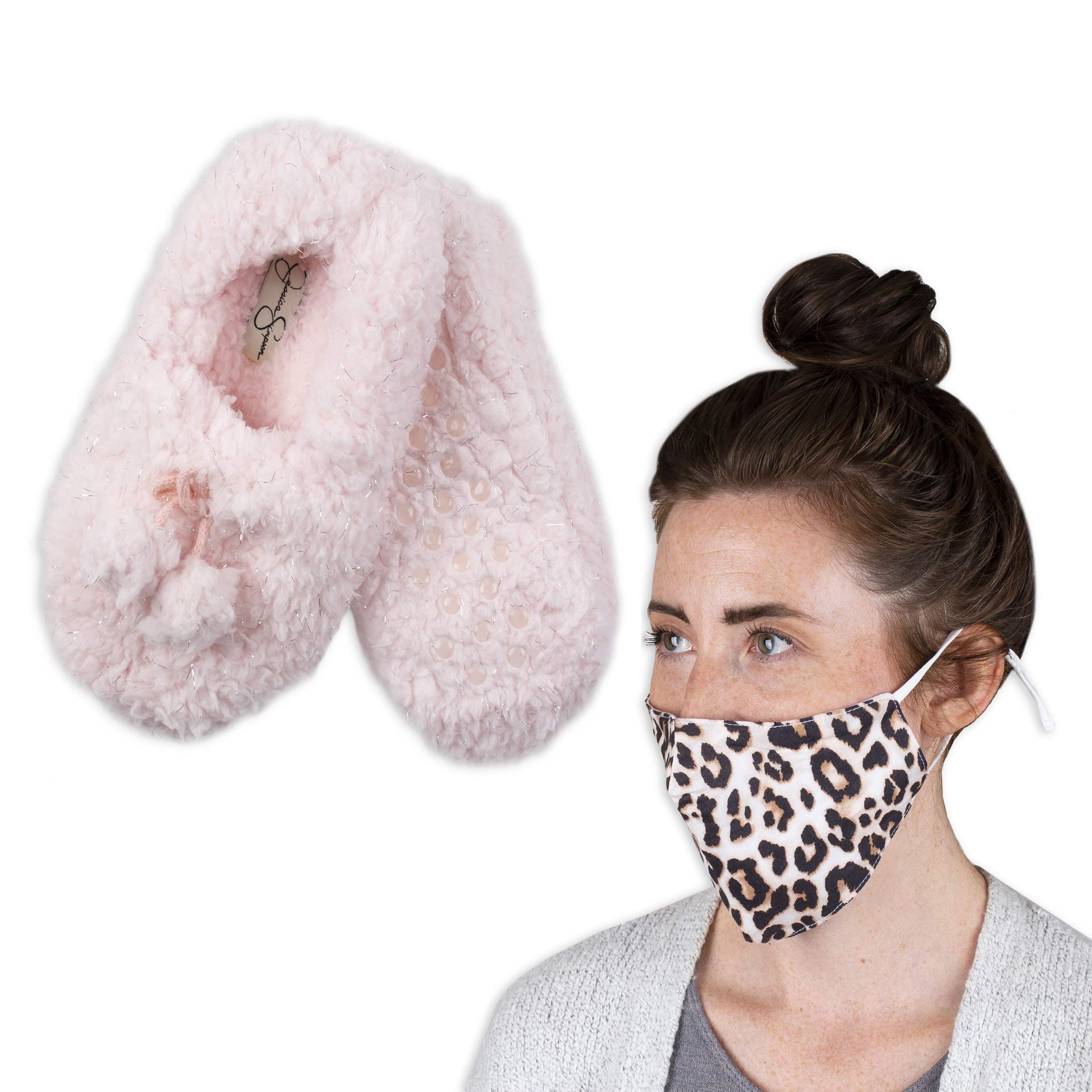 Jessica Simpson Women's Cozy Fuzzy Slipper Socks with Washable Face Masks - Soft Warm House Shoes for Relaxing at Home, Spa Days & Winter Comfort