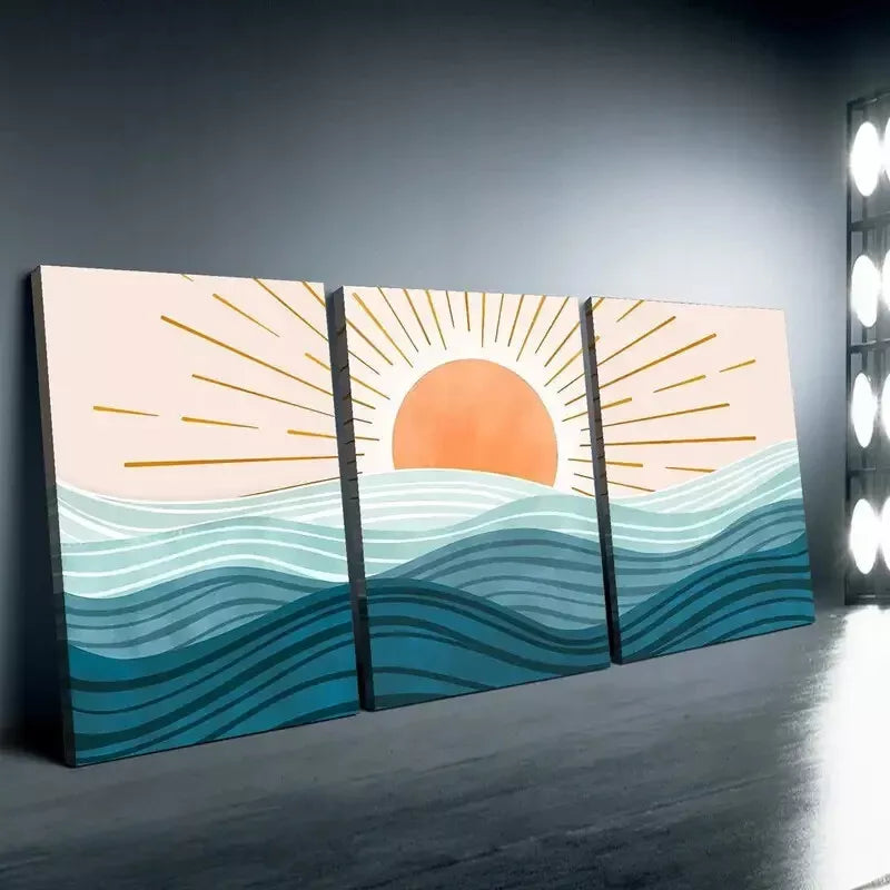 3-Piece Sun and Sea Waves Wall Art Set - Framed Canvas 50x70cm (20x28in) - High Quality Australian Made Ocean Beach Decor - Perfect for Living Room, Bedroom & Coastal Home Decor