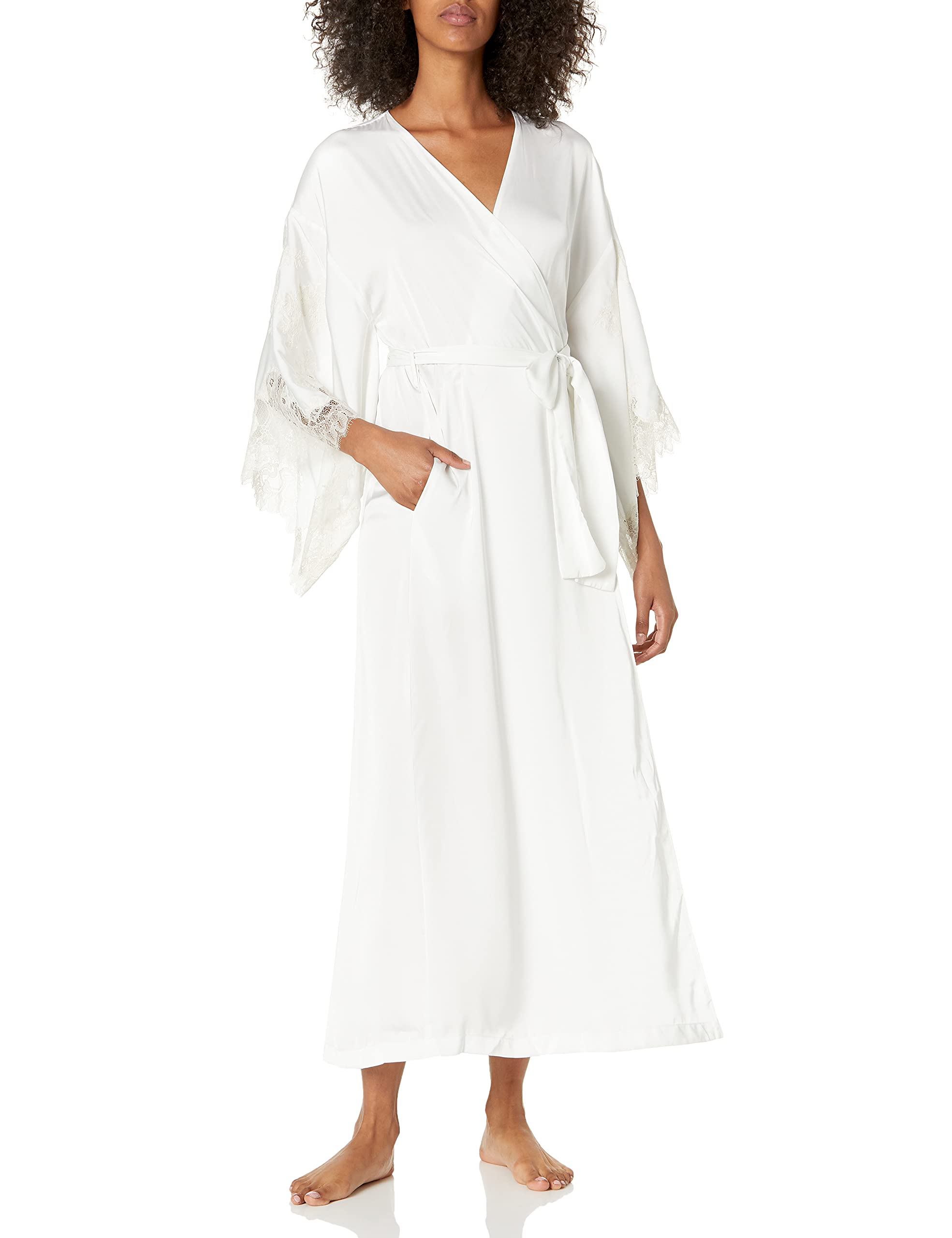 Natori Women's Solid Satin Wrap with Lace - Elegant Kimono Robe for Lounge, Spa, Bridal & Special Occasions
