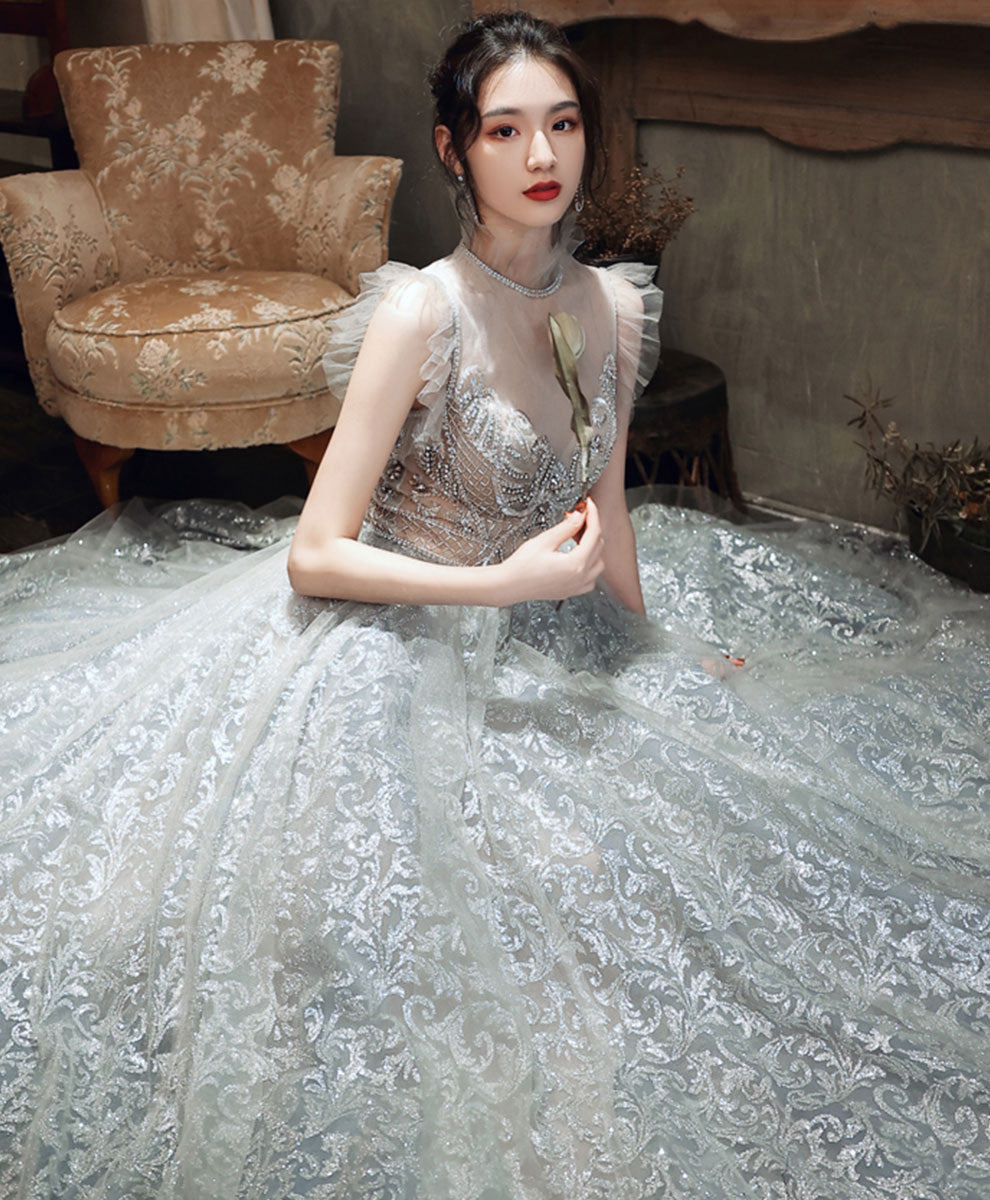 Elegant High Neck Tulle Gray Long Prom Dress with Beading - Formal Evening Gown for Homecoming, Ball, Wedding & Special Occasions