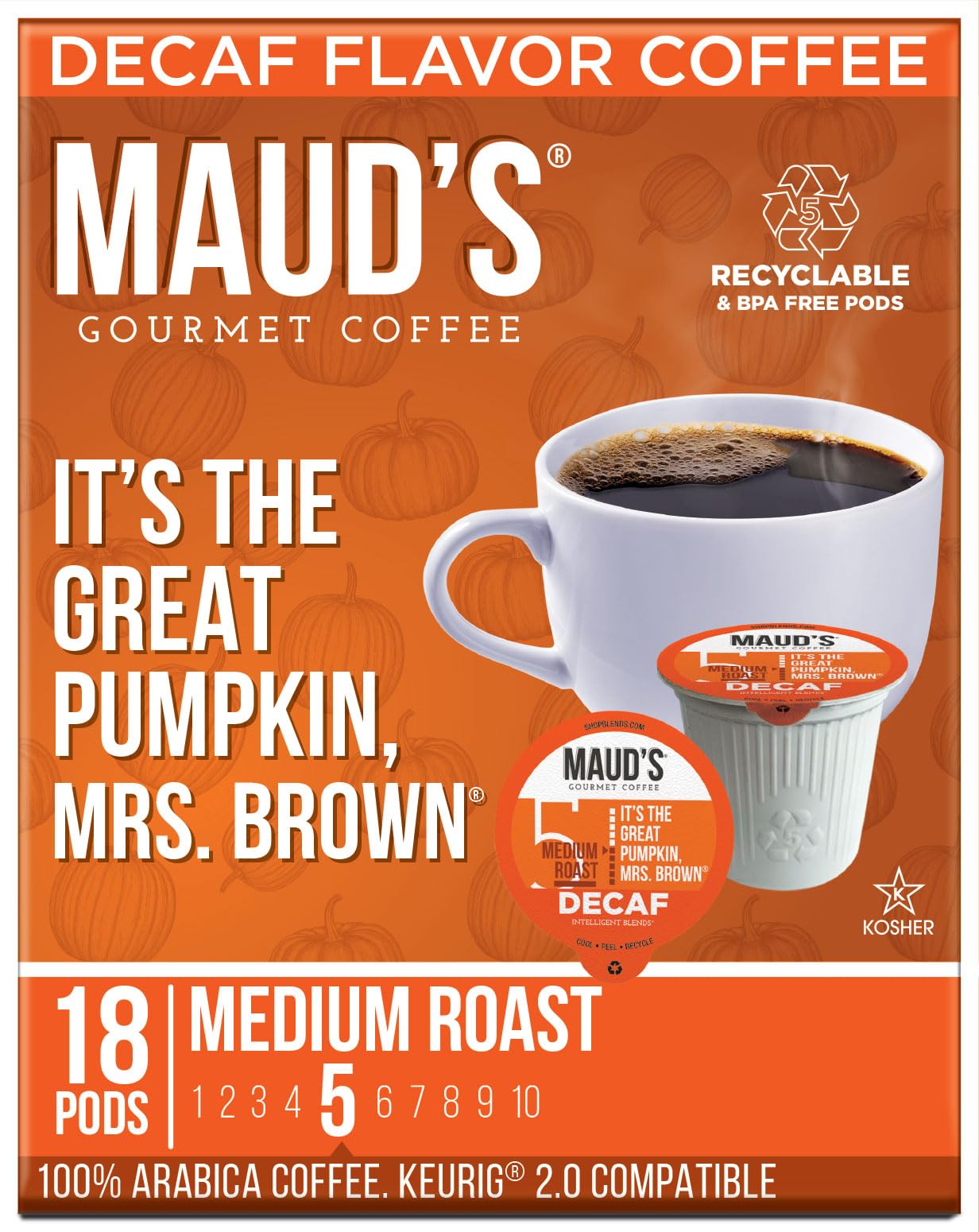 Decaf Pumpkin Spice Flavored Coffee Pods - 18 Count Medium Roast Arabica Coffee, Recyclable K-Cup Compatible with Keurig Brewers | Perfect for Fall Mornings & Cozy Evenings