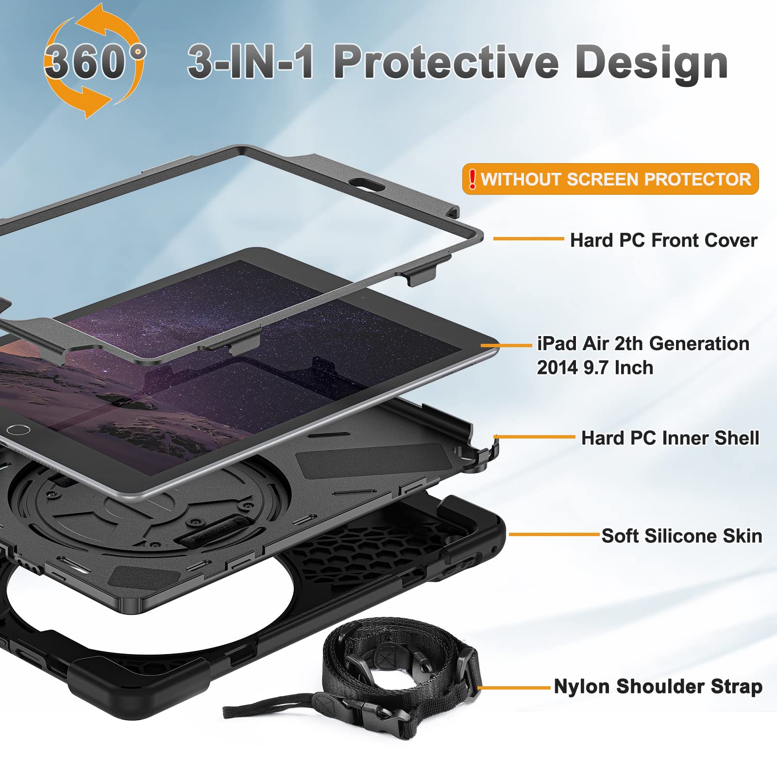 BRAECN Shockproof Rugged Case for iPad Air 2 (9.7 Inch, 2nd Generation 2014 Model A1566/A1567) - Hybrid Protective Cover with Kickstand & 360° Rotatable Hand Strap - Perfect for Kids, Travel, and Outdoor Use - Black