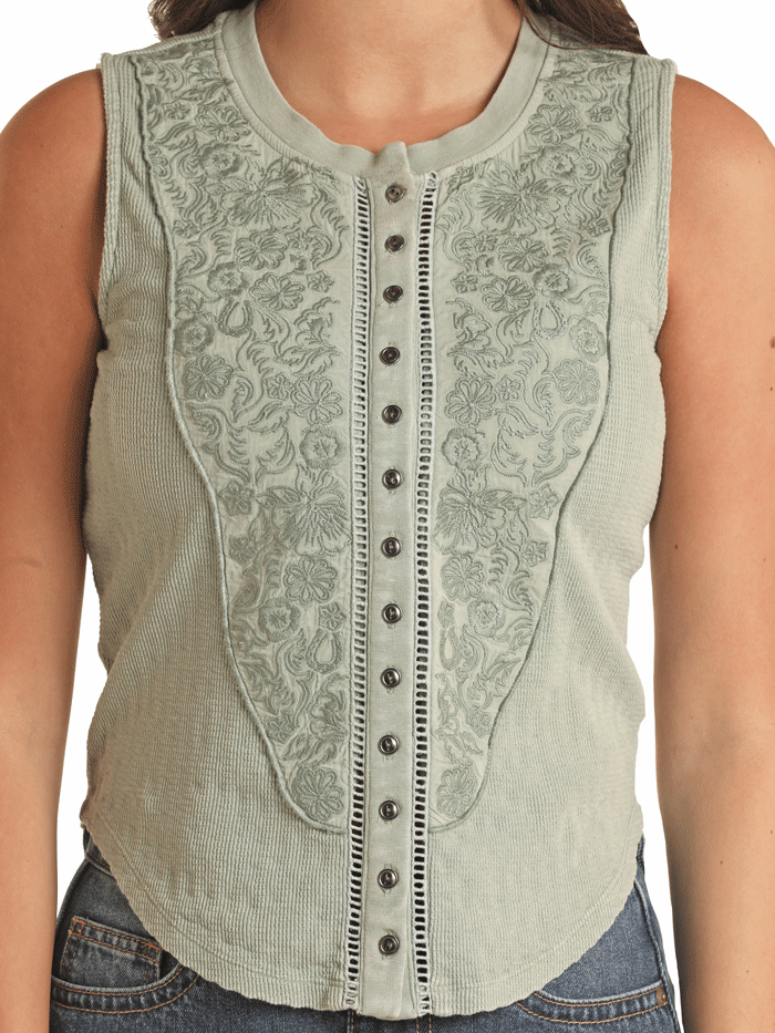 Women's Embroidered Floral Denim Tank Top - Rock & Roll Style Jade Green BW20T03302 | Casual Wear, Music Festivals, Summer Outfits