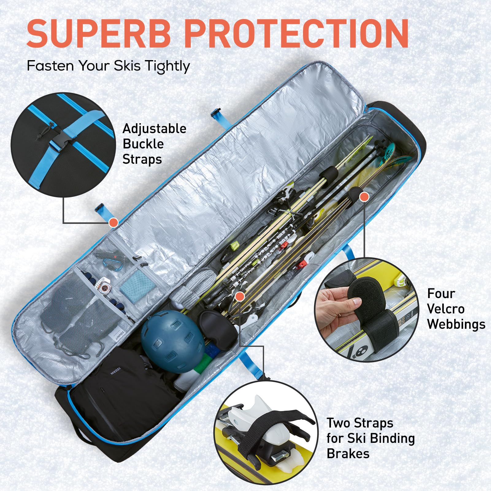 TOURIT Rolling Ski Bag and Boot Bag Combo - Waterproof 900D Oxford Fabric, Padded Wheeled Ski Bag for Air Travel, Holds 2 Pairs of Skis (195cm) - Perfect for Ski Trips, Mountain Vacations & Winter Sports Gear Storage